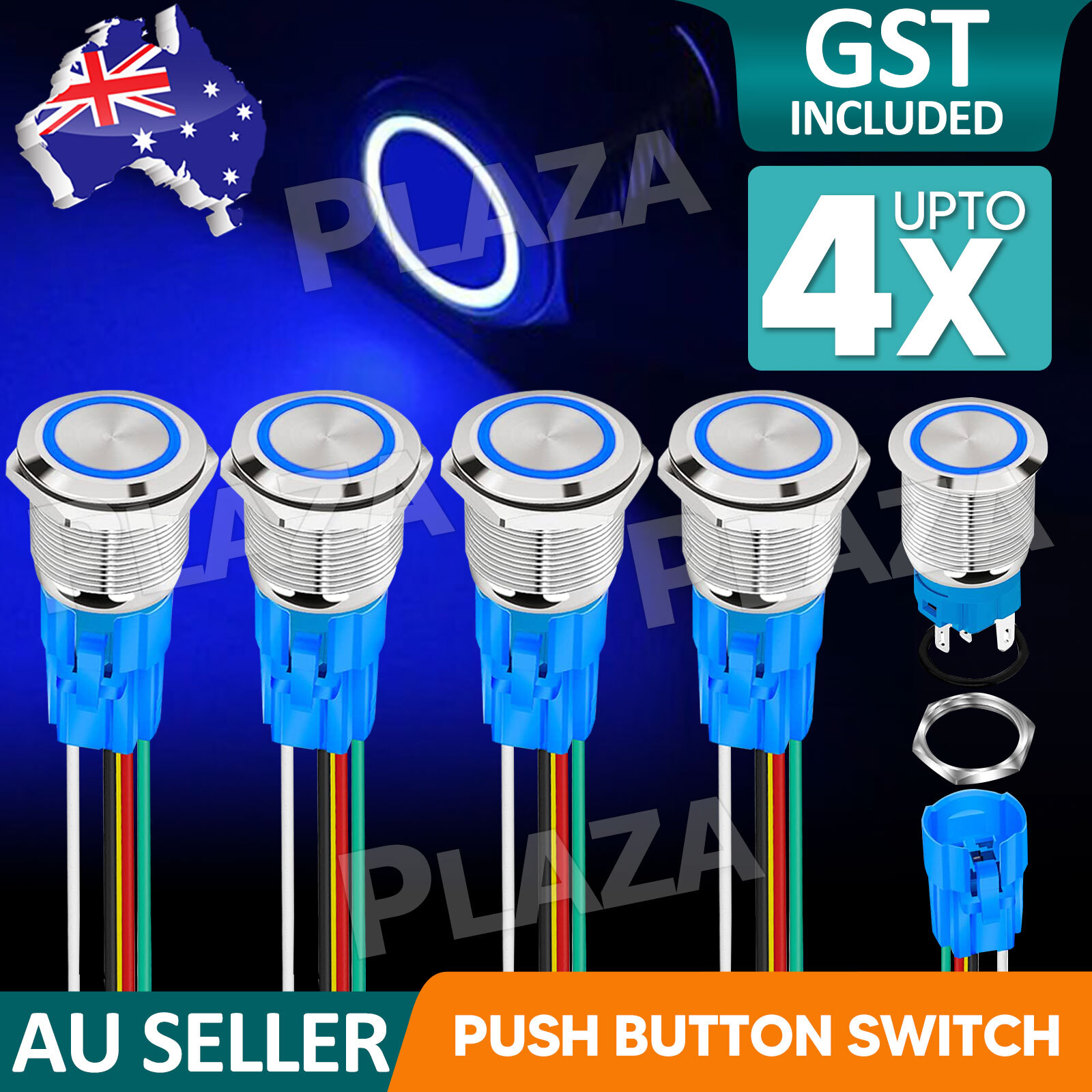 2PCS TS-200 16mm Push Button Switch 12V 3A Blue LED Ring Waterproof Metal Wire