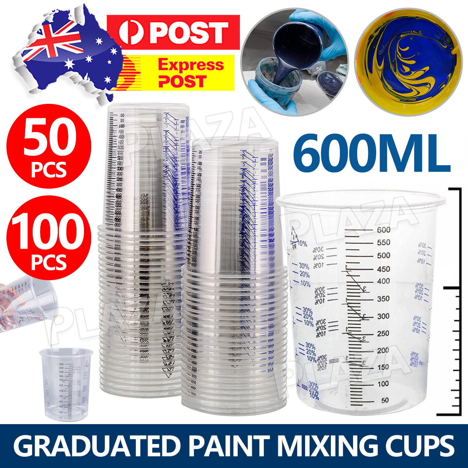 50/100x Graduated Paint Measuring Cups 600ml Clear Plastic Resin Epoxy Ratios