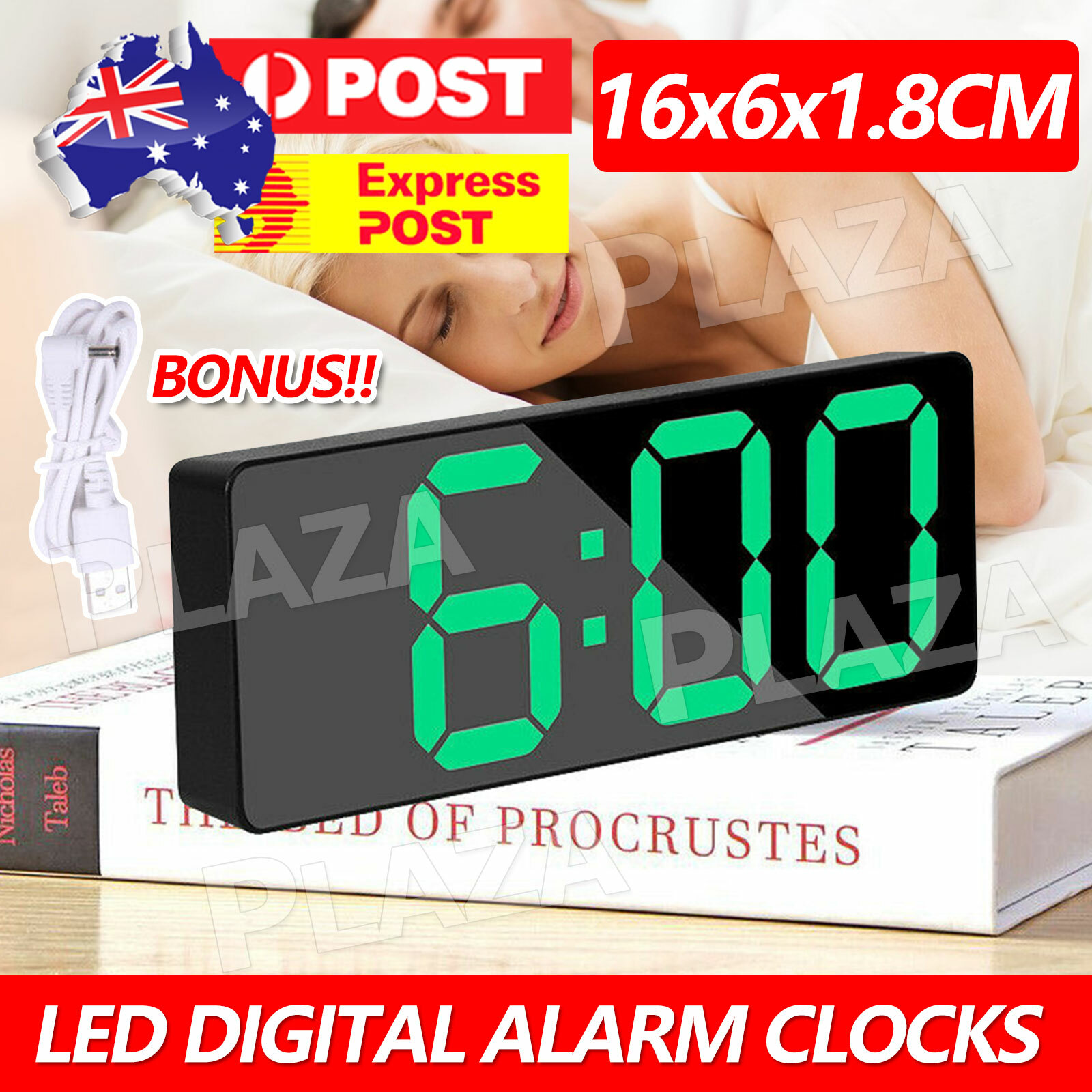 Digital LED Mirror Alarm Clock Dimmable Light Sensor USB Black Bedside 16 1.8CM