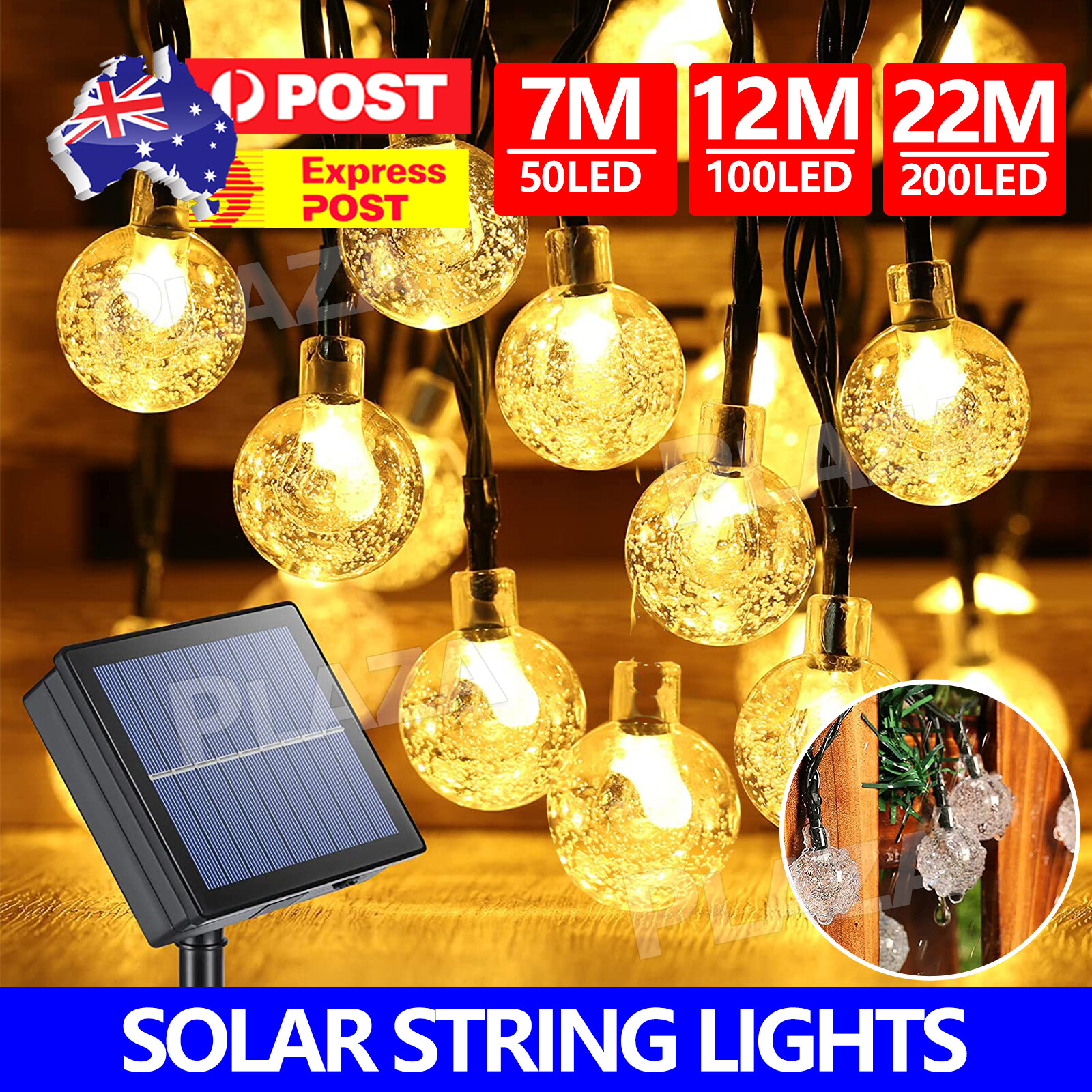 Solar Globe String Lights Outdoor Warm White 7M 50LED Waterproof Crystal Bulb