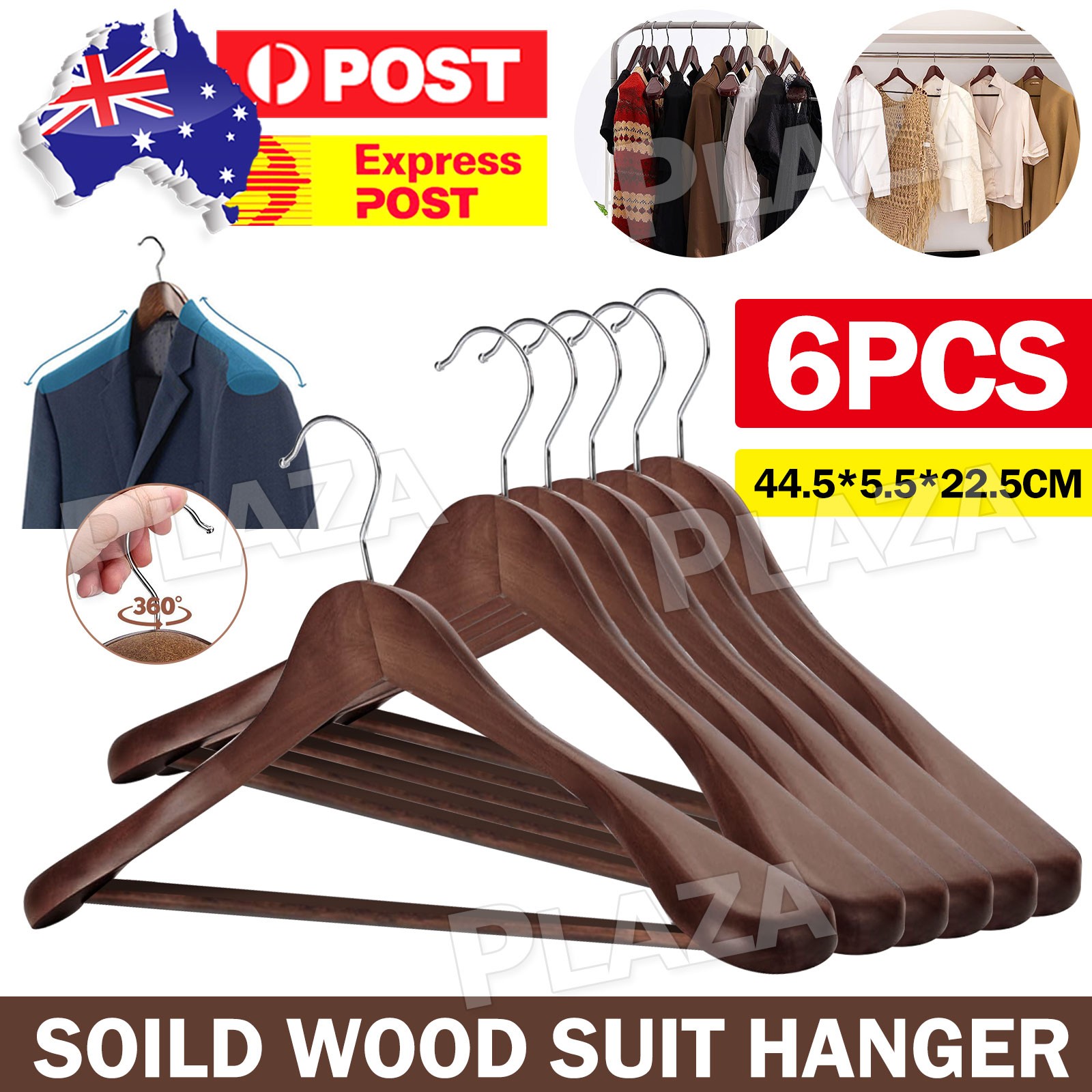 6pcs Lotus Wood Coat Hangers Heavy Duty Extra-Wide Shoulder Non-Slip 360 Swivel
