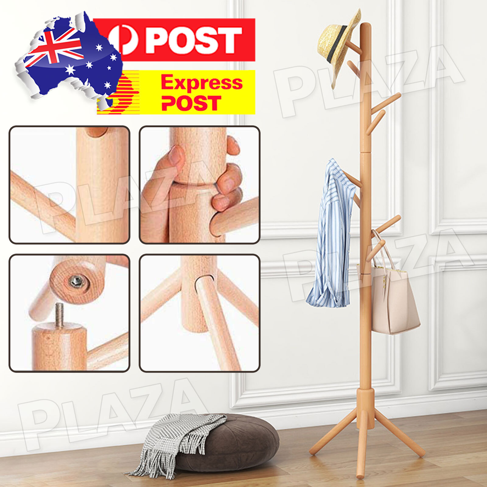 8Hook Wooden Coat Stand Solid Wood Hat Tree Beige 175cm Free Standing Bedroom