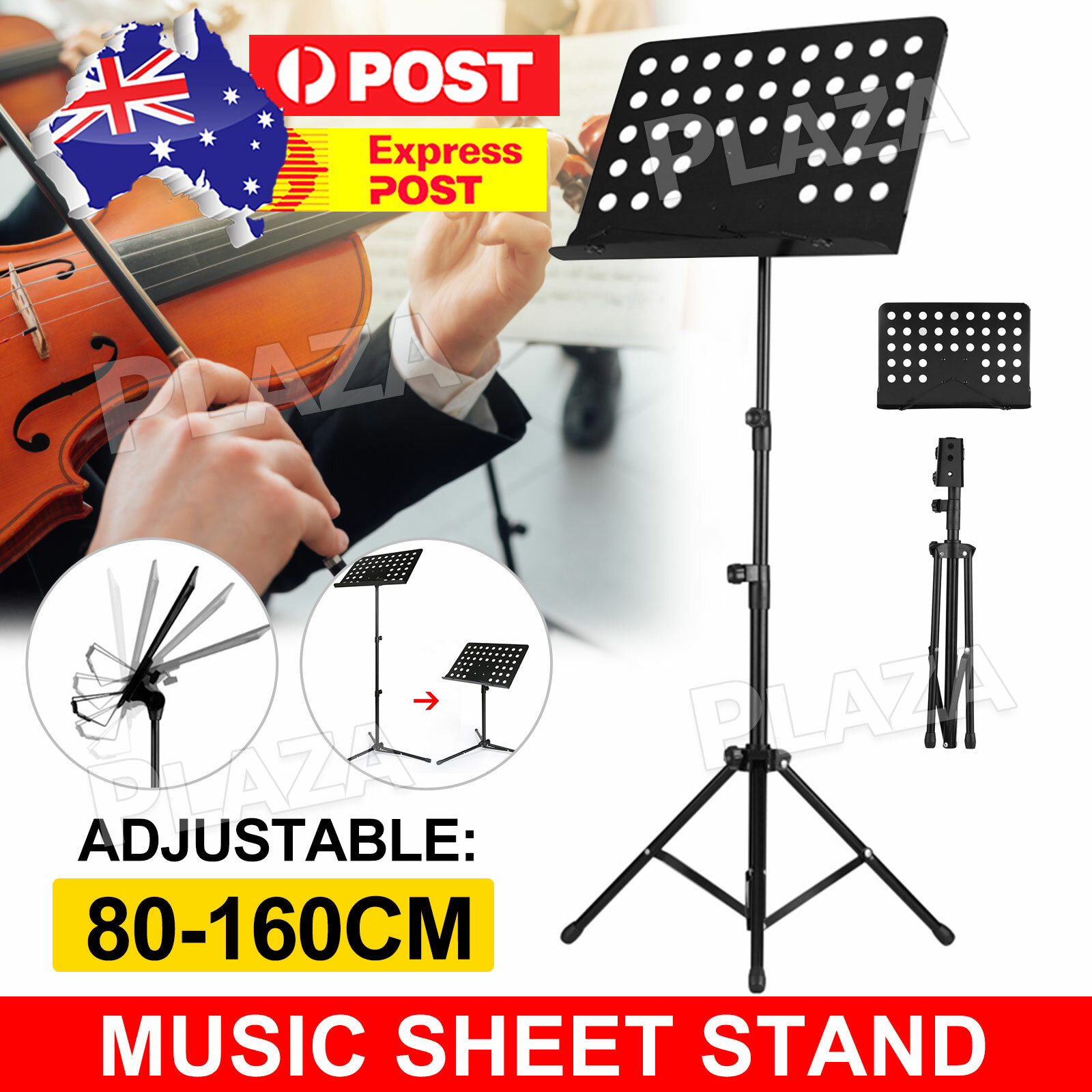 Music Sheet Stand Metal Adjustable 80-160cm Folding Black Page Clips 50cm 35cm