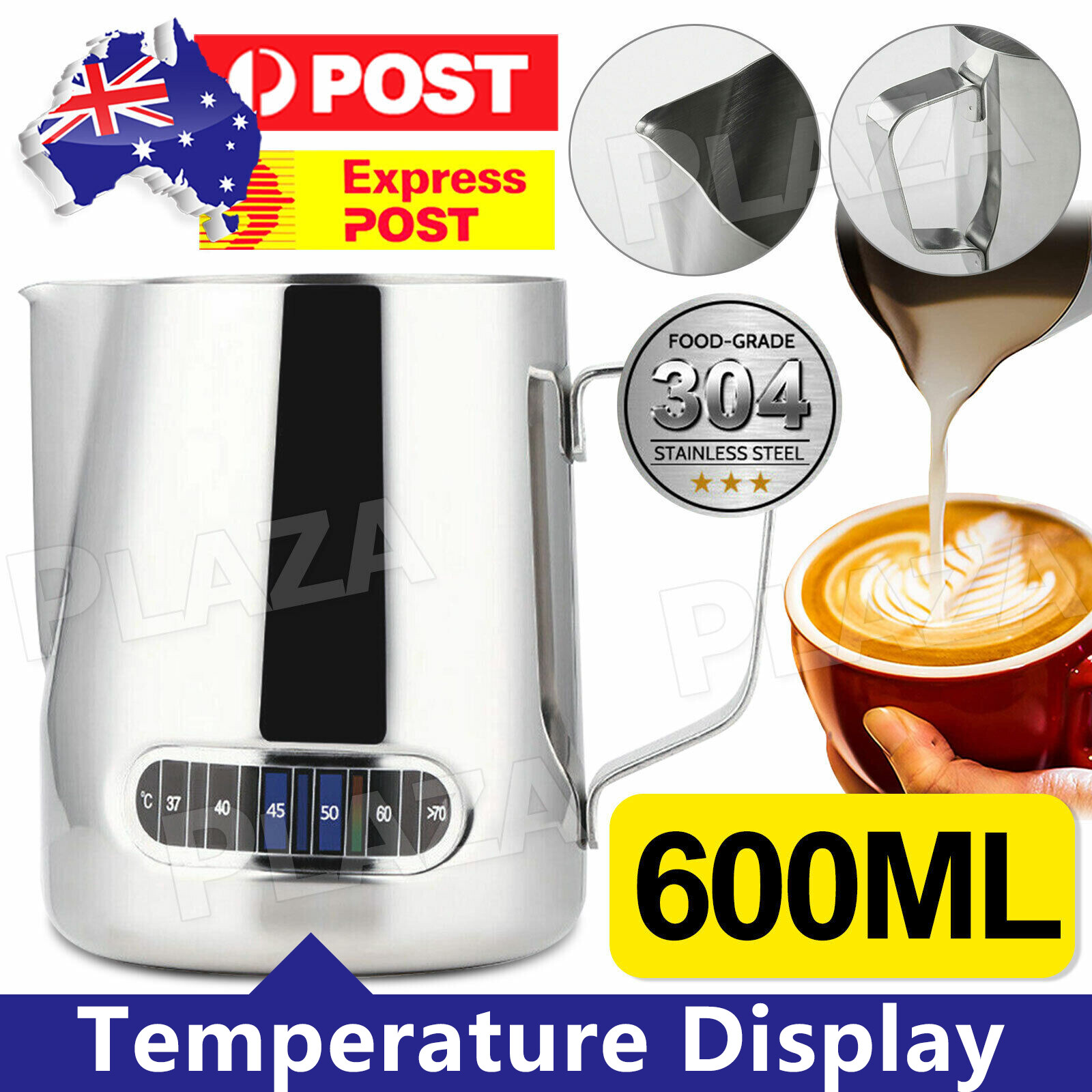 600ml Milk Frothing Jug Thermometer 304 Stainless Steel Silver Coffee Latte