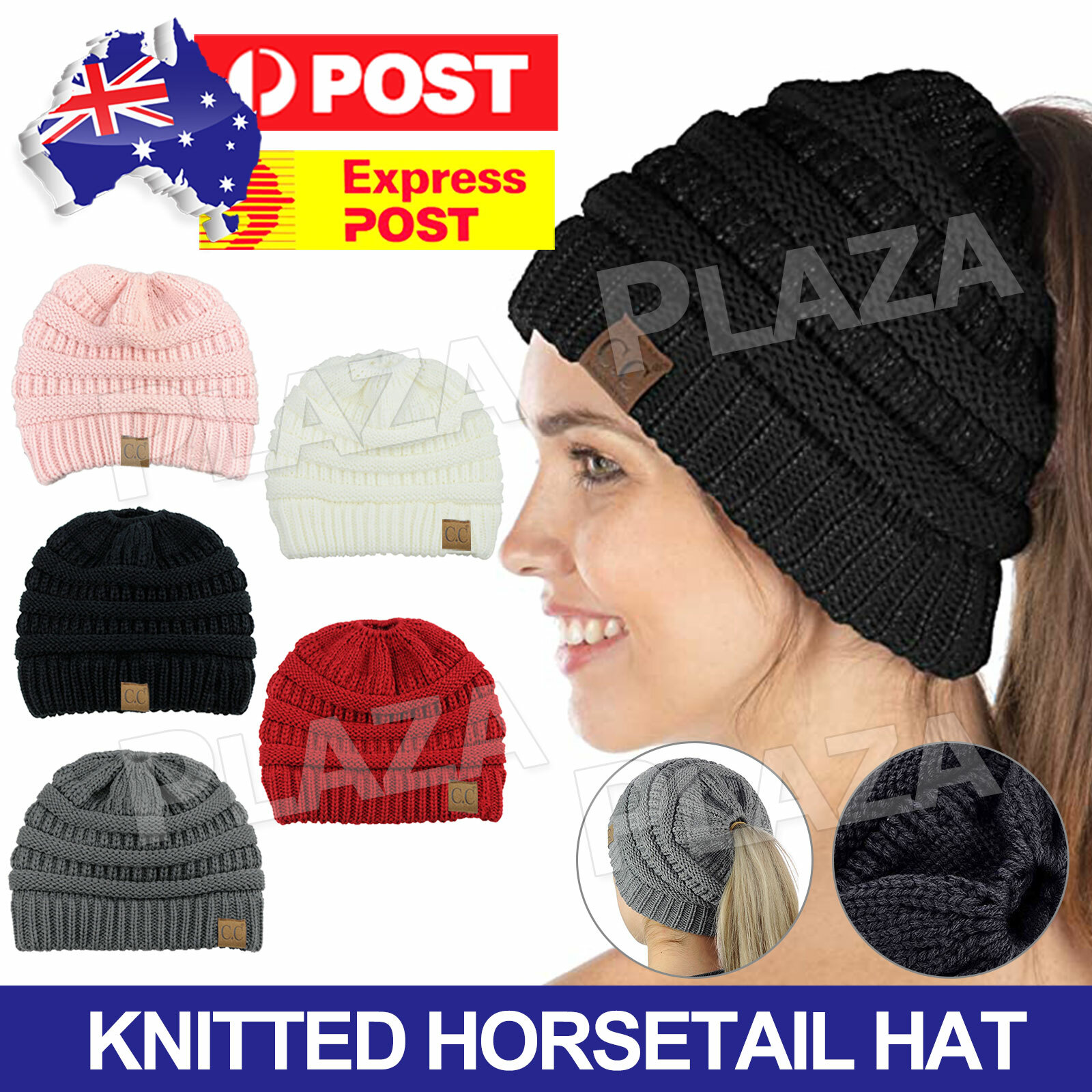 Ponytail Beanie High Bun Hat Winter Warm Stretch Cable Knit Wool One Size Black