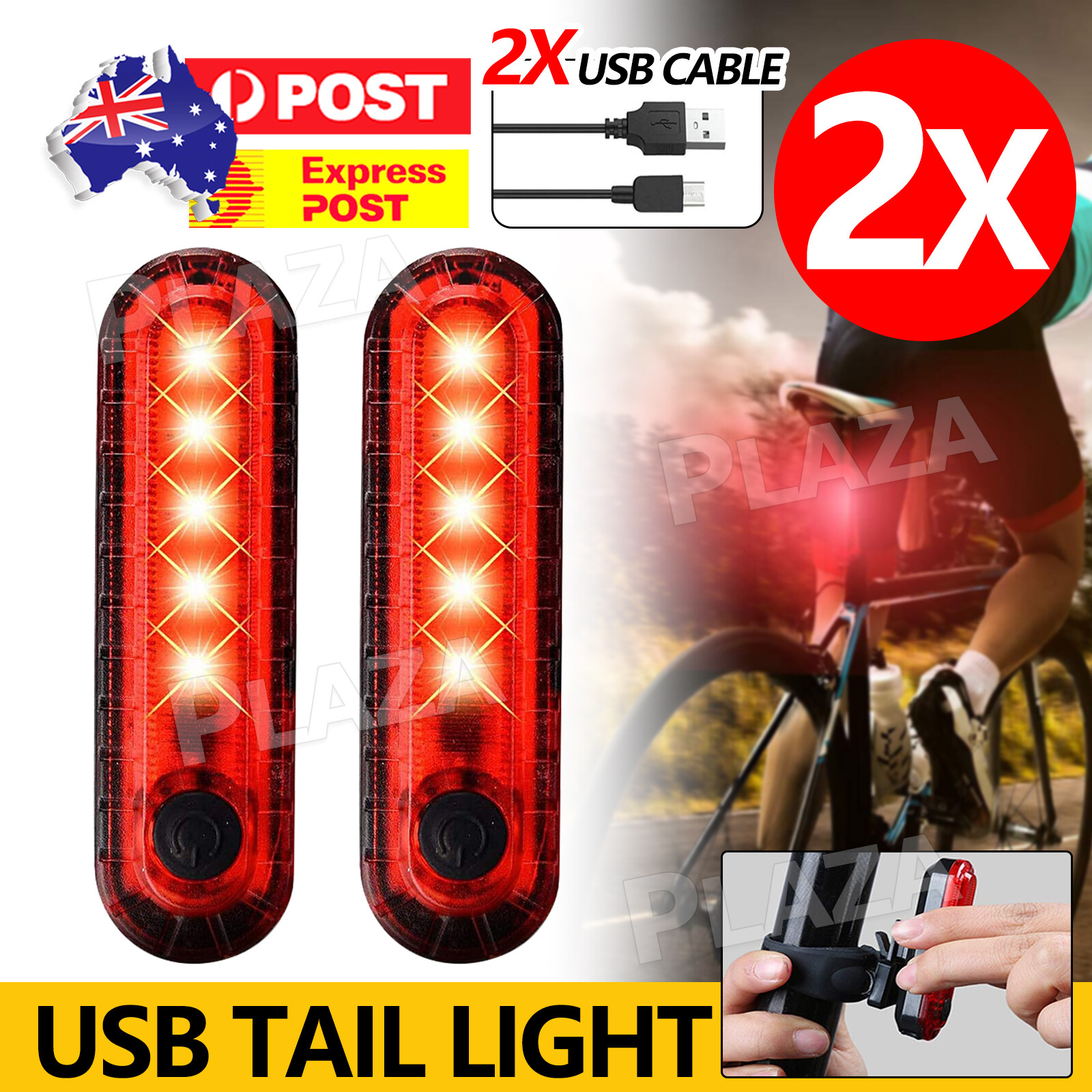 2PCS Bicycle Rear Tail Light LED USB Rechargeable Red 4Modes Waterproof 12-32mm