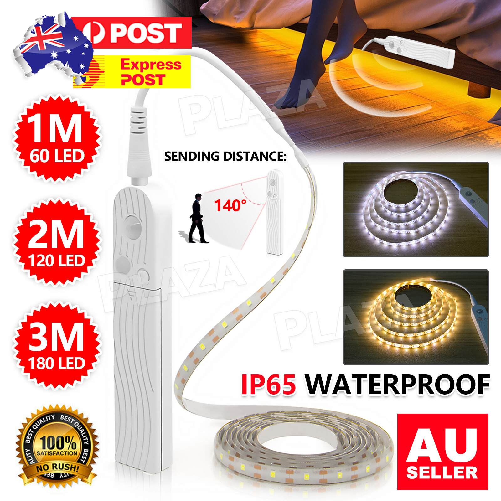 LED PIR Motion Sensor Light Strip 1m Warm White 2835 Wardrobe Battery Operated
