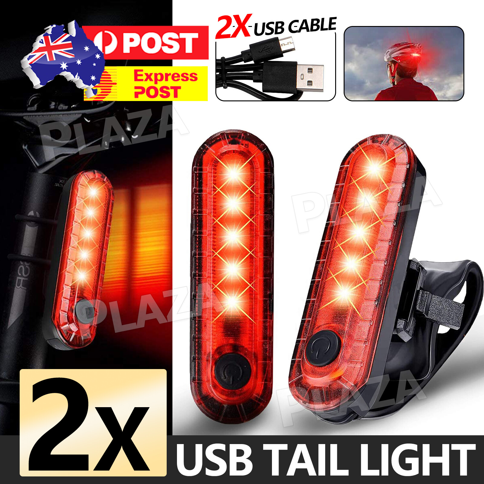 2pcs USB Rechargeable Bicycle Rear Tail Light Red LED 4Modes Waterproof 12-32mm