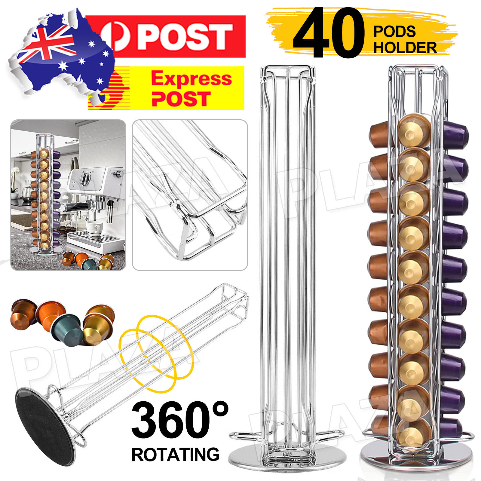 Nespresso 40 Coffee Capsules Pod Holder Rotating Chrome Silver Rack 37.5x11x5CM