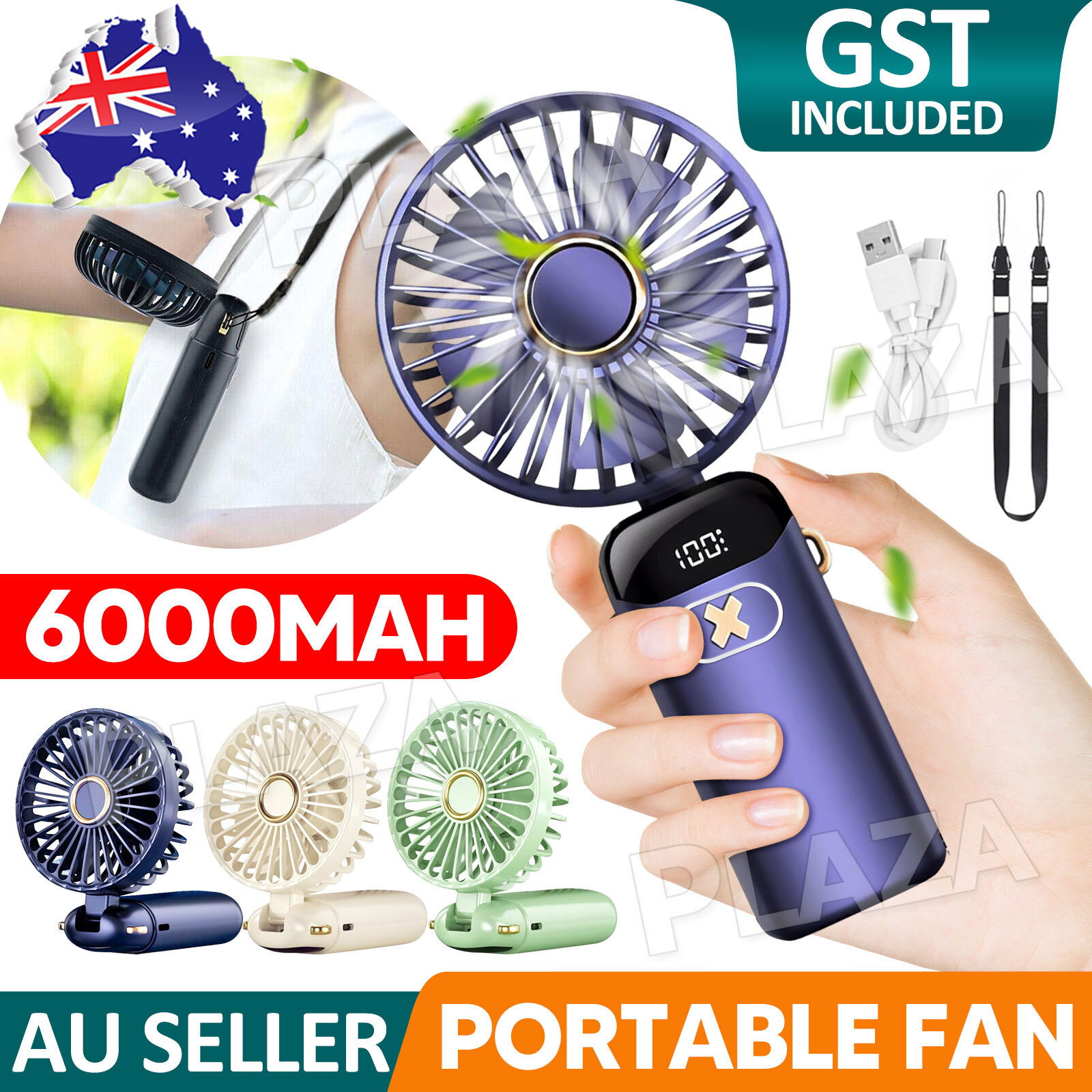Mini Portable Handheld Desk Fan USB Rechargeable 6000MAH 5-Speed Foldable Beige