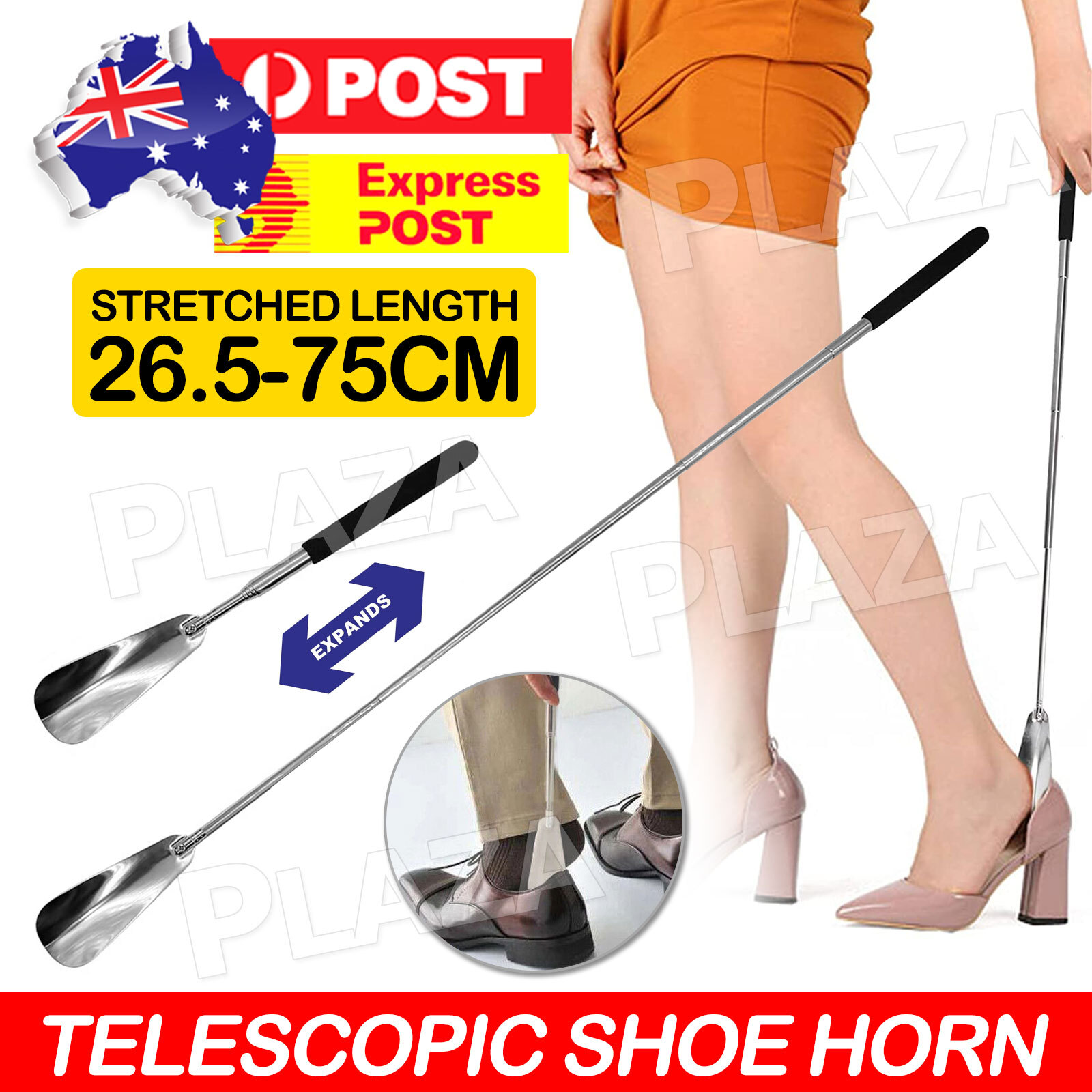 Telescopic Shoe Horn Stainless Steel Long Lifter Tool 26.5-75CM Black PVC HANDLE