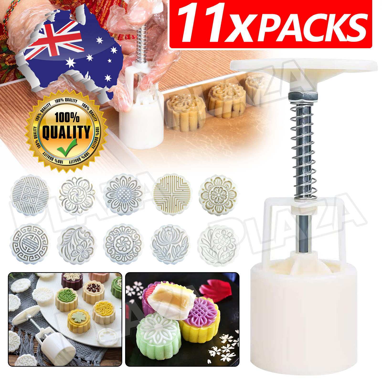 Moon Cake Hand Pressure Mold Maker DIY 10pcs Flower Stamps Plastic White 14.5cm