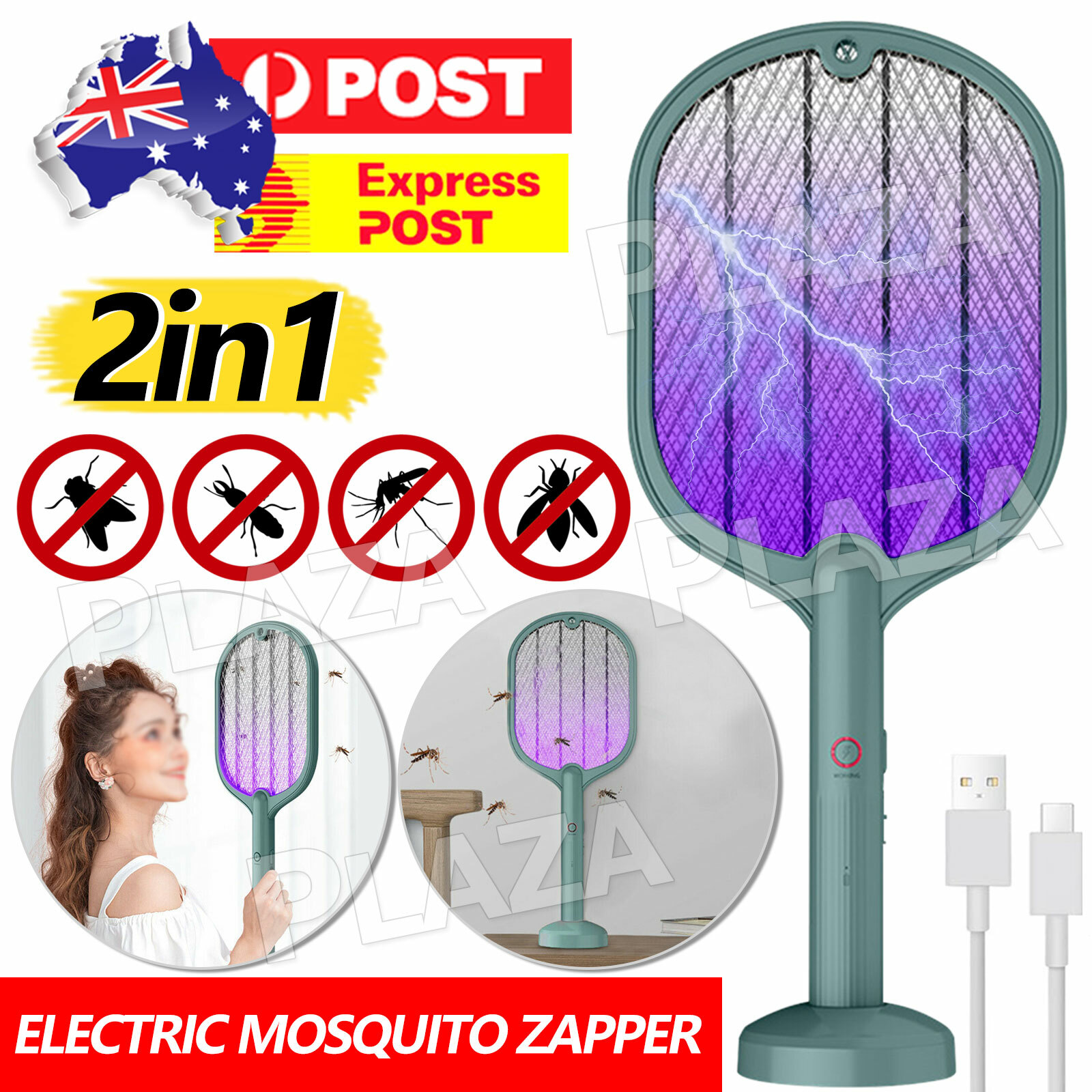 2in1 Electric USB Rechargeable Mosquito Bug Zapper Racket Fly Swatter Green