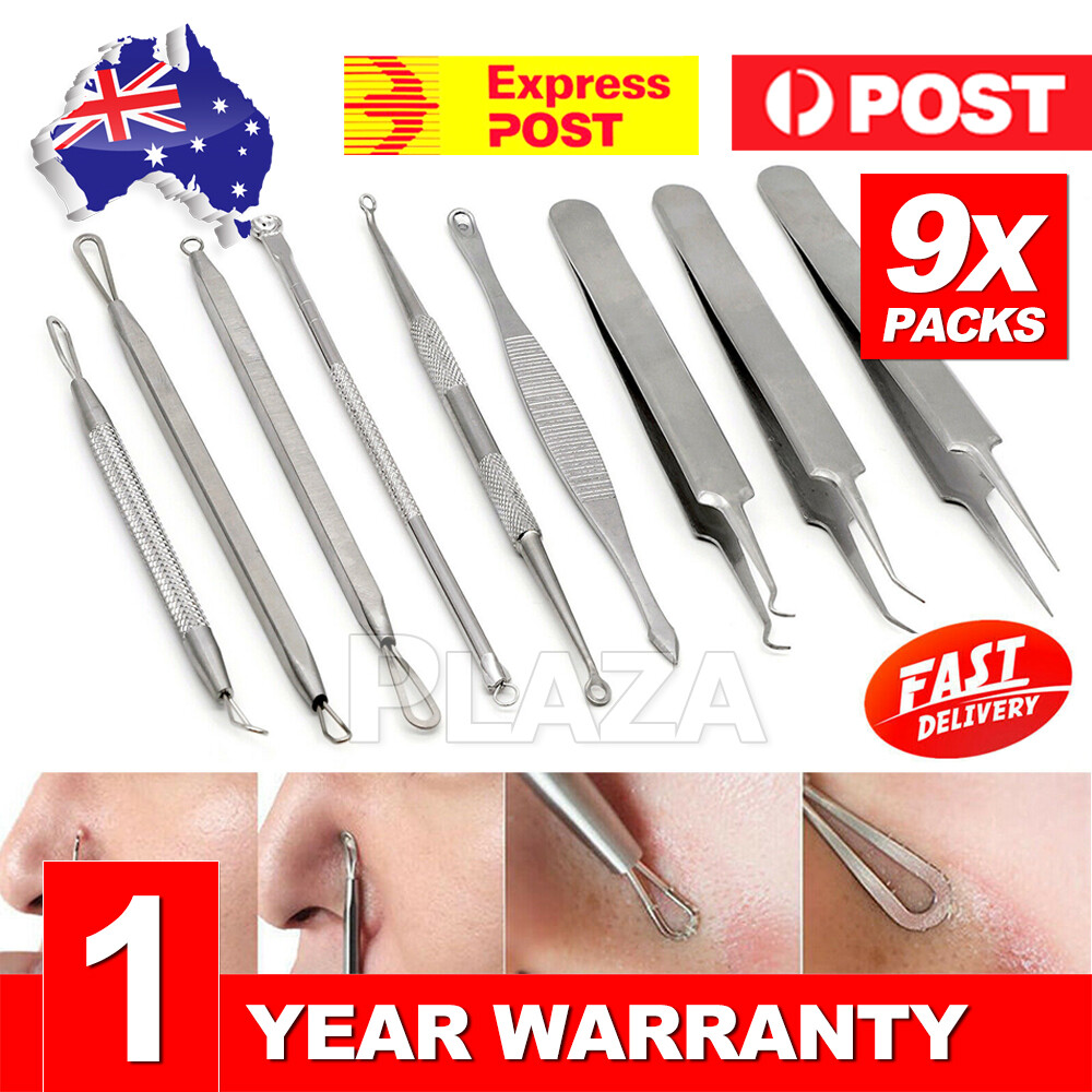9PCS Stainless steel Blackhead Extractor Tool Pimple Blemish Comedone Kit Silver