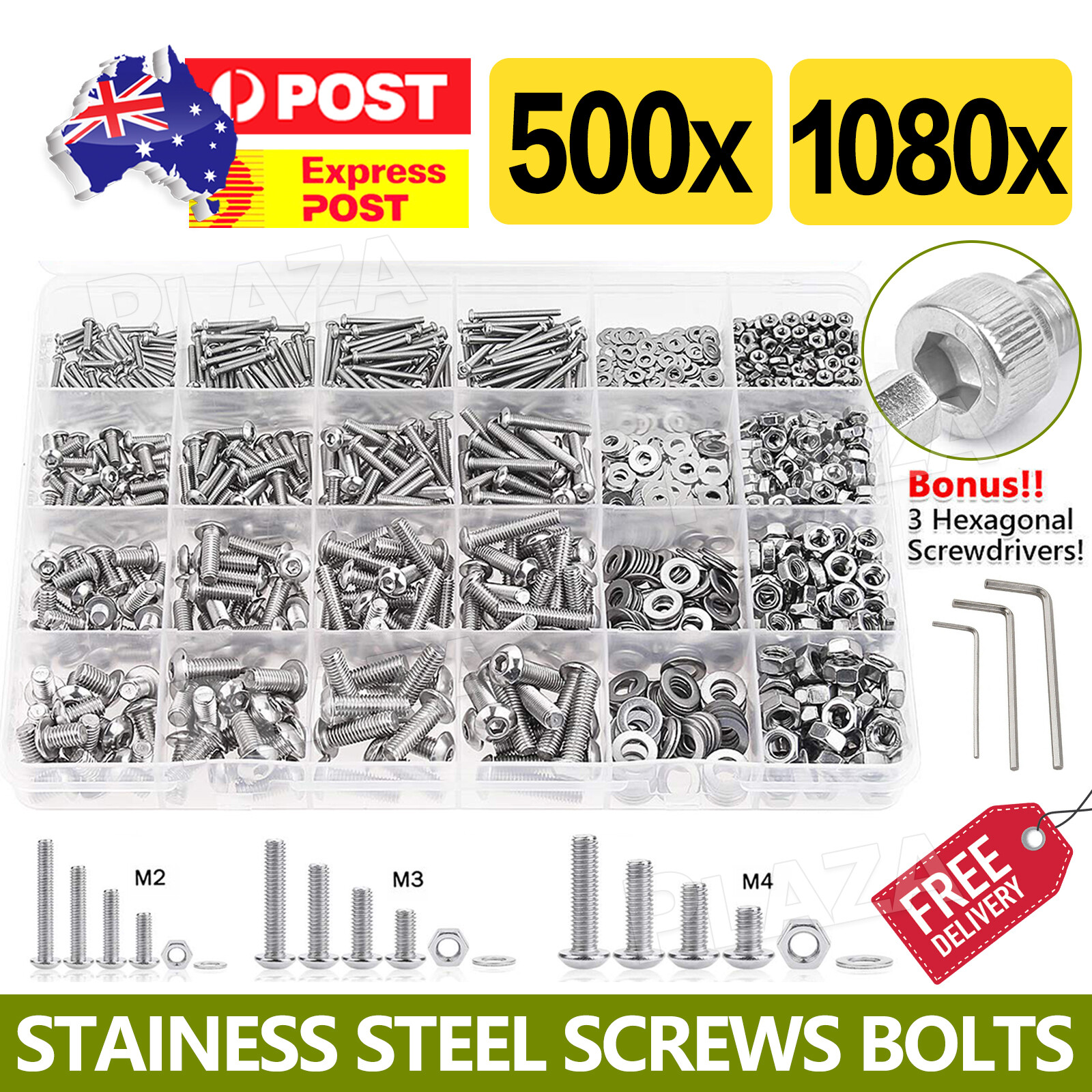 1080PCS M2/M3/M4 M5 304 Stainless Steel Hex Socket Screws Nuts Washers Kit Set