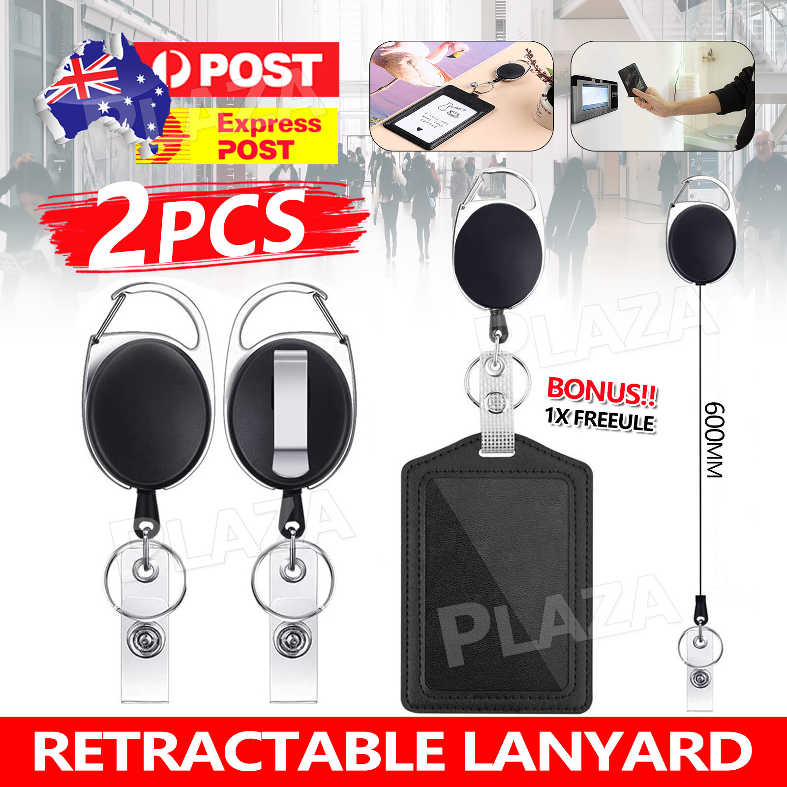 2PCS Retractable ID Badge Lanyard Carabiner Reel Vertical Card Holder Black
