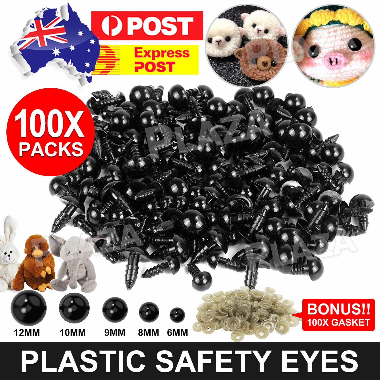 100pcs Black Plastic Safety Eyes Sizes 6mm/8mm/9mm/10mm/12mm Teddy Bear Crafts