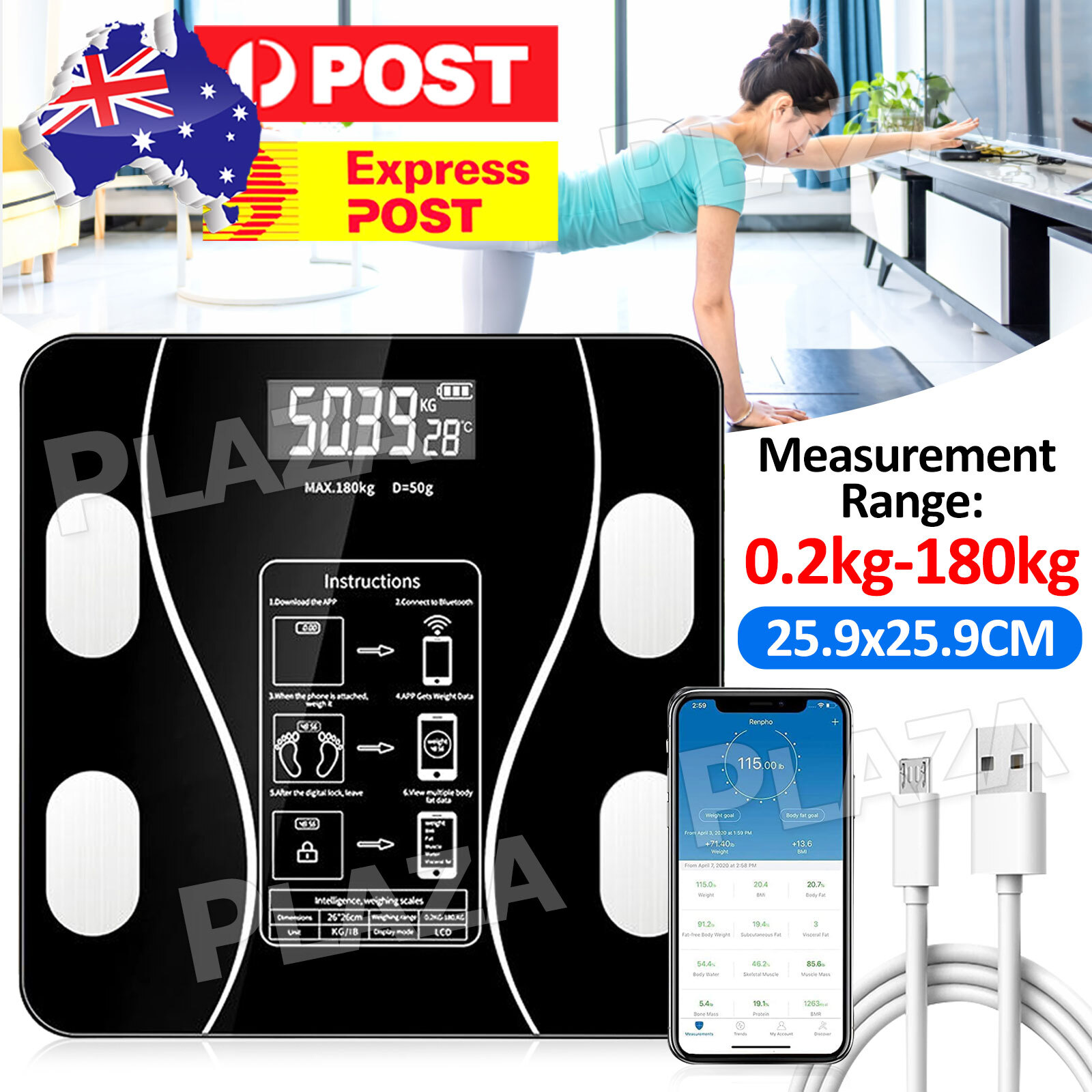 Bluetooth Digital Bathroom Scale BMI Body Fat 180kg Tempered Glass USB Charge