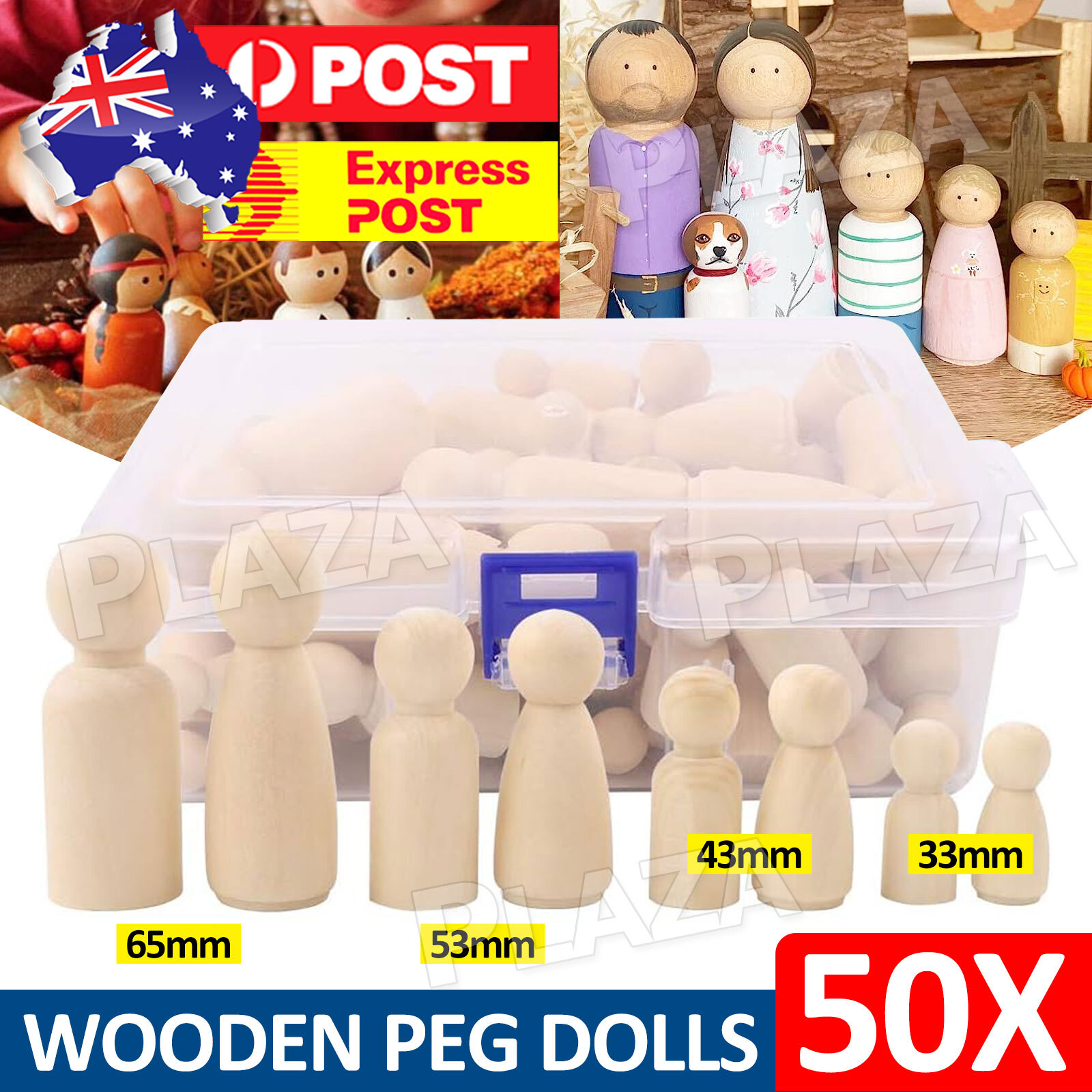 50PCS Wooden Peg Dolls Unfinished People DIY Painting 33mm 43mm 53mm 65mm