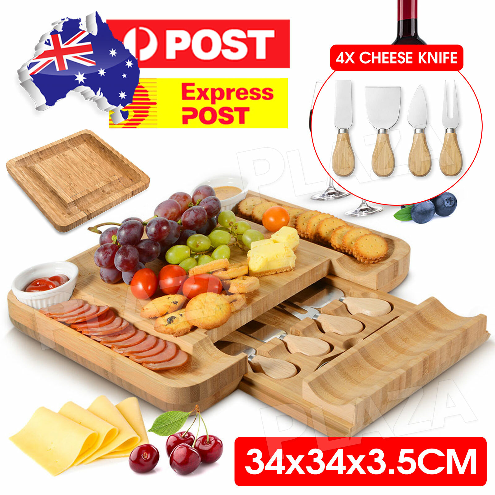 Bamboo Cheese Board Knife Set 34cm Serving Chopping Board Stainless Steel Knives
