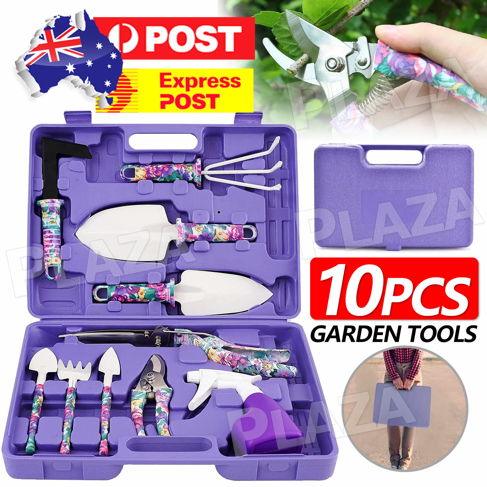 10Pcs Garden Hand Tool Set Purple Shovel Rakes Shears Secateurs Stainless Steel