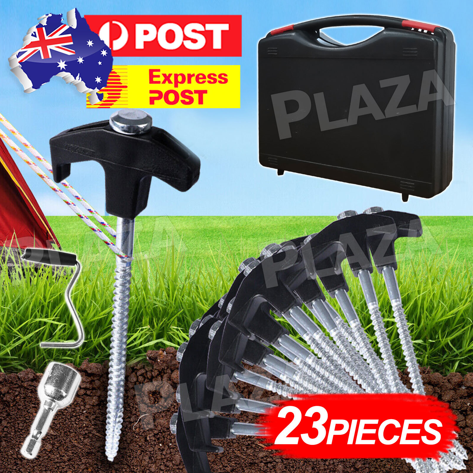 23pcs Camping Tent Pegs Heavy Duty Galvanized Steel Sharp Pointed 24.5cm Adaptor