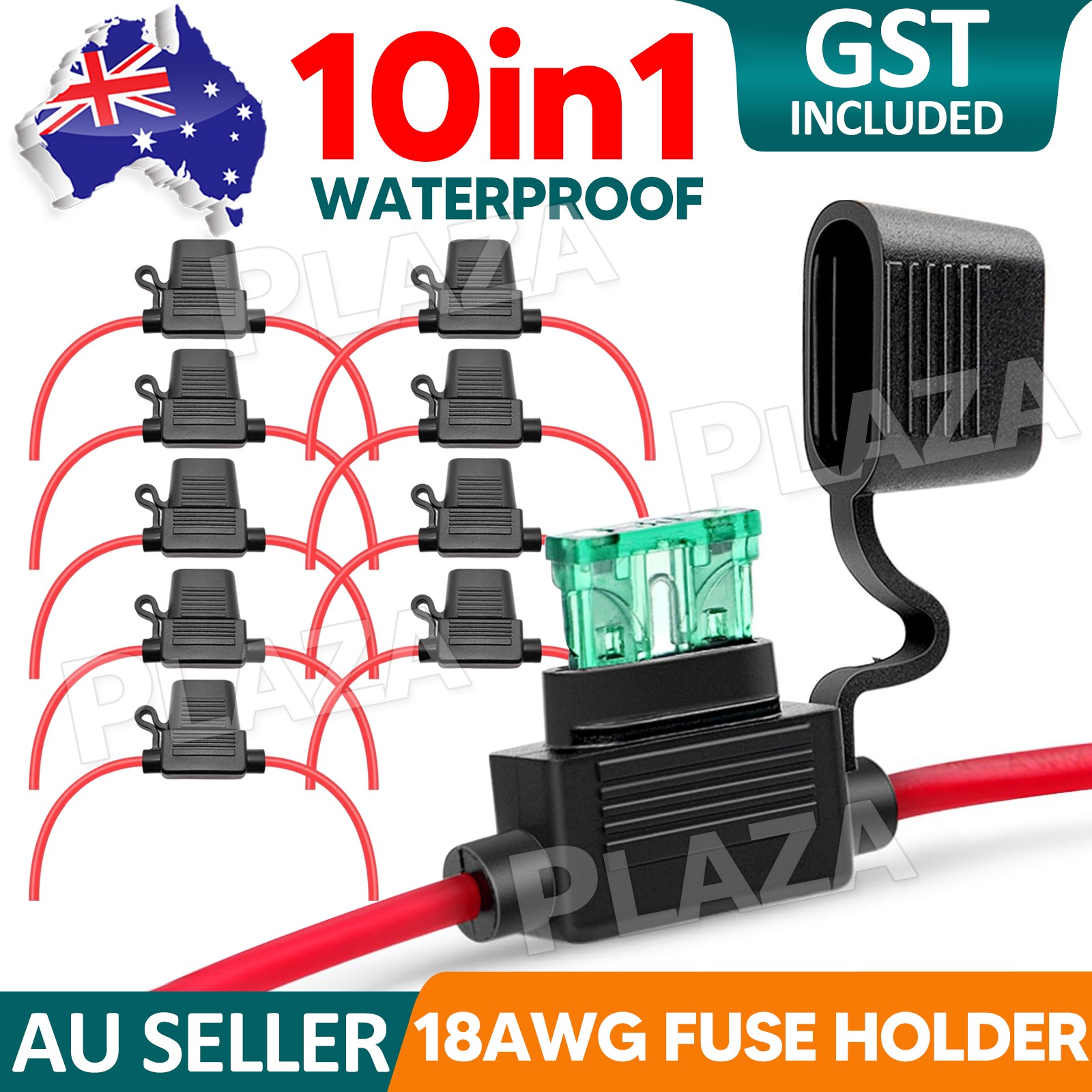 10X Mini Blade Type Inline Fuse Holder 30A 32V 18AWG Weatherproof ABS Black Red