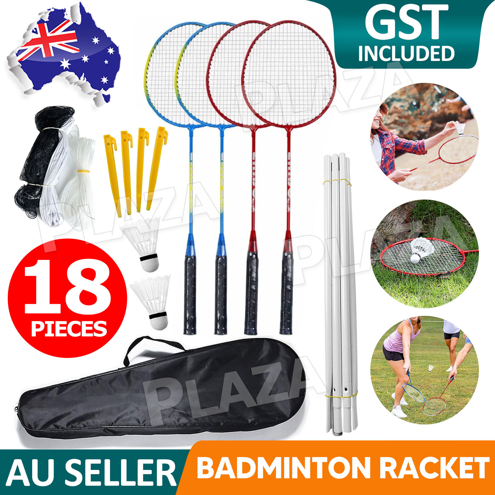 18pcs Badminton Racket Set 4 Player Net Posts Aluminum Alloy Portable Reusable