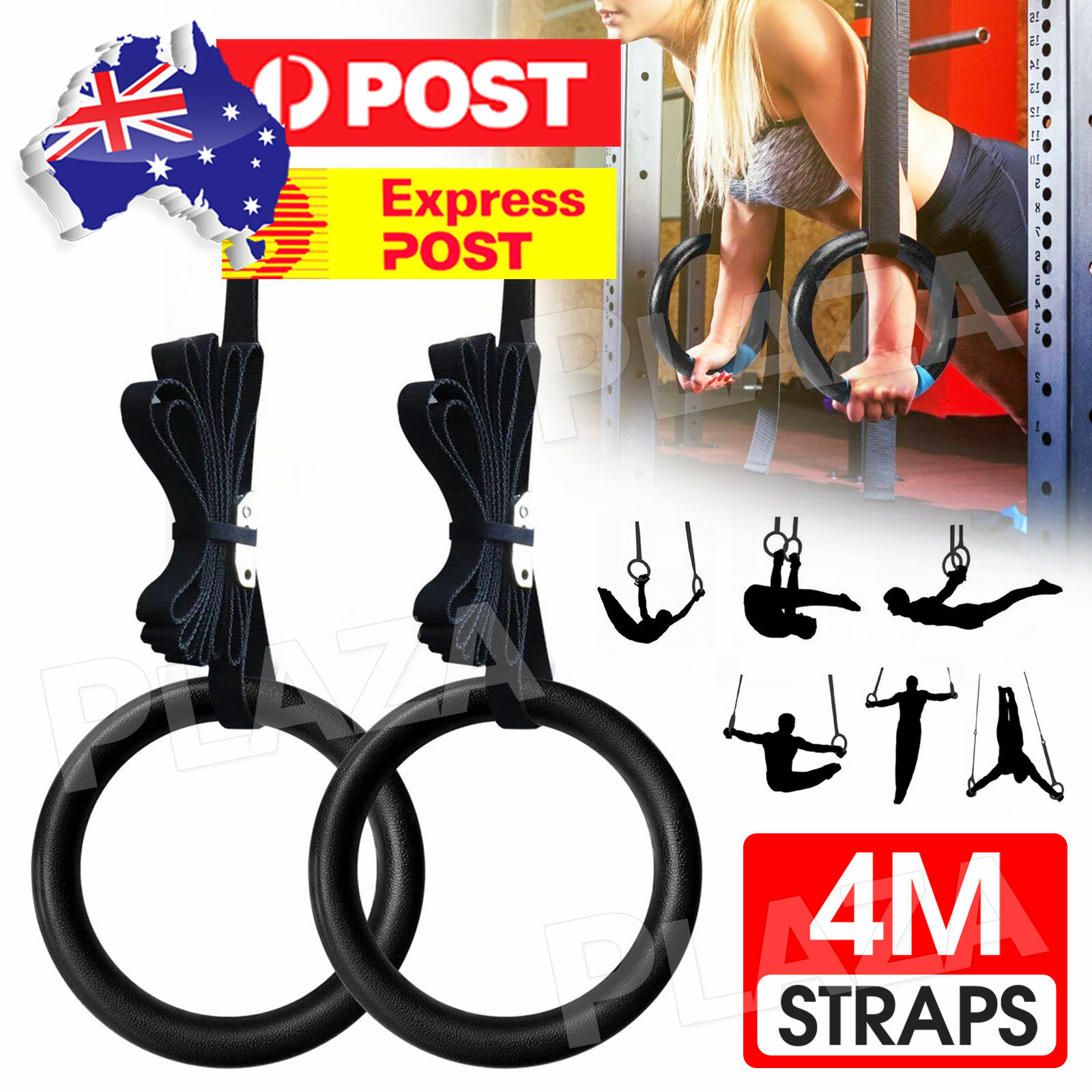 Gymnastic Rings Pair ABS Plastic Black 400kg Load 4m Straps Non-slip Crossfit