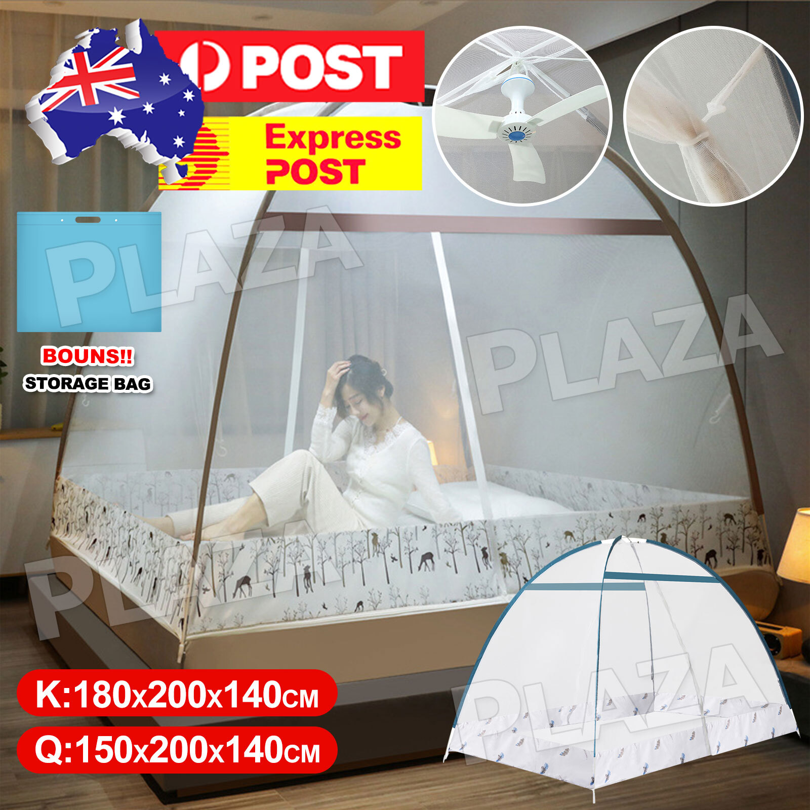 Folding Mosquito Bed Net Polyester Mesh Three-way Zipper Queen 150x200x140CM