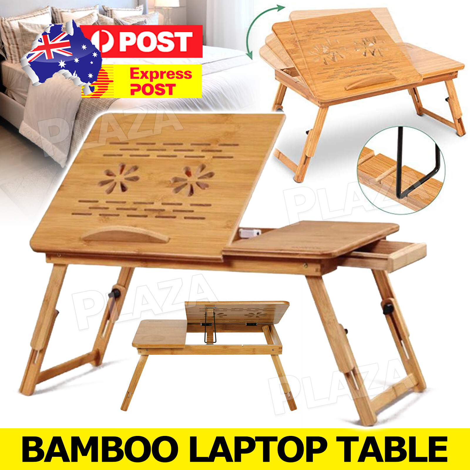Bamboo Foldable Laptop Table Adjustable Bed Sofa Computer Work Tray Stand Drawer