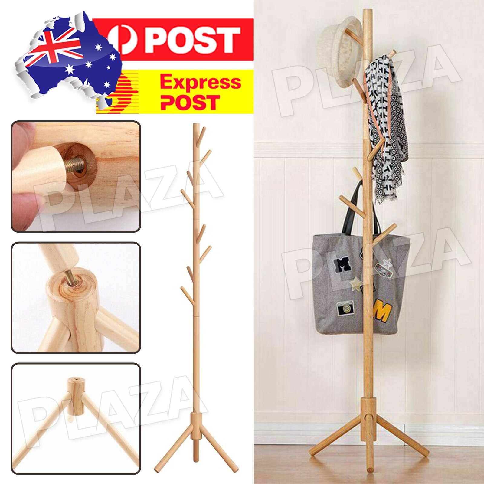Wooden Coat Stand Rack Clothes Hanger Hat Tree Beige 175cm Free Standing Bedroom
