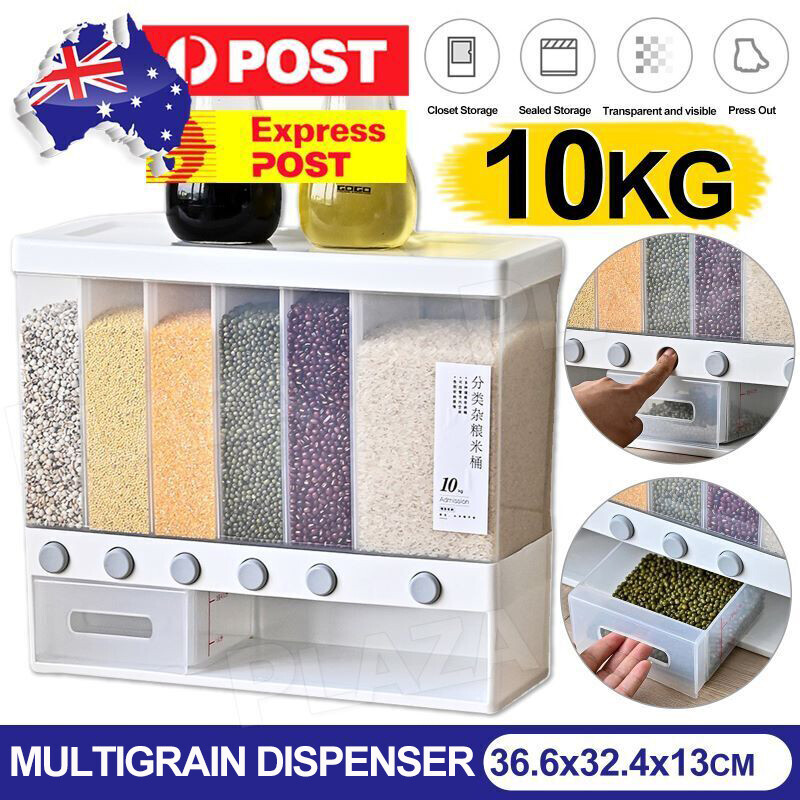 TOQUE Multigrain Dispenser 10KG Wall Mounted Food Storage Box White Plastic