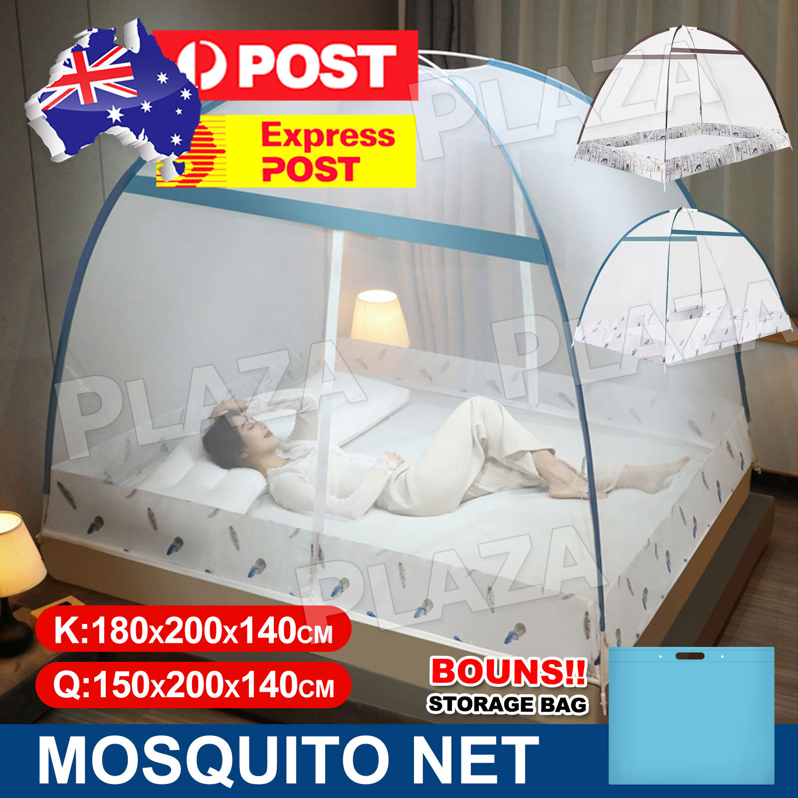 Mosquito Net Canopy Folding Tent Double Door Three-way Zipper Blue 150x200x140CM