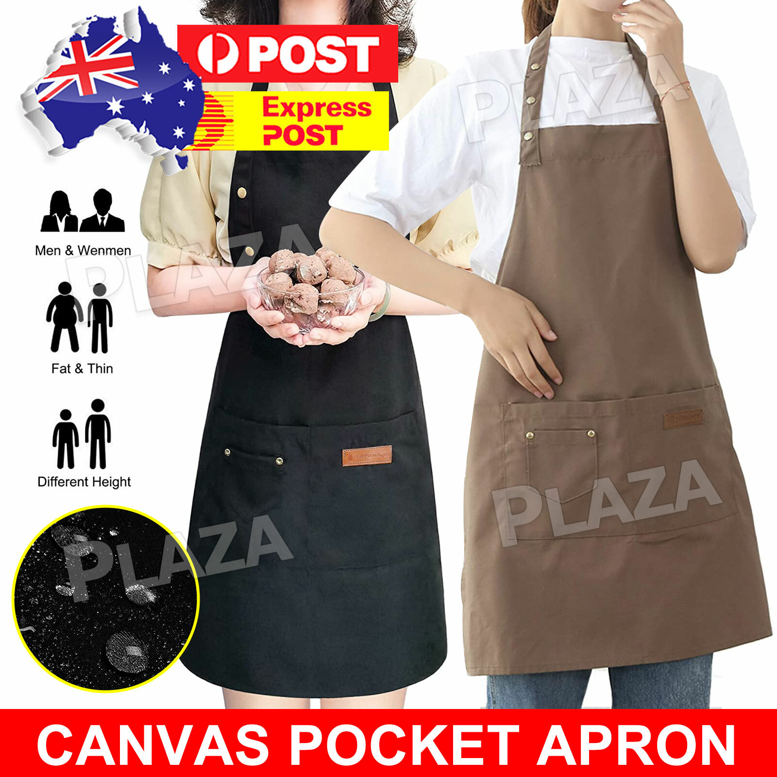 Canvas Pocket Apron Waterproof Kitchen Chef Black Adjustable Bib Cafe 71 82cm