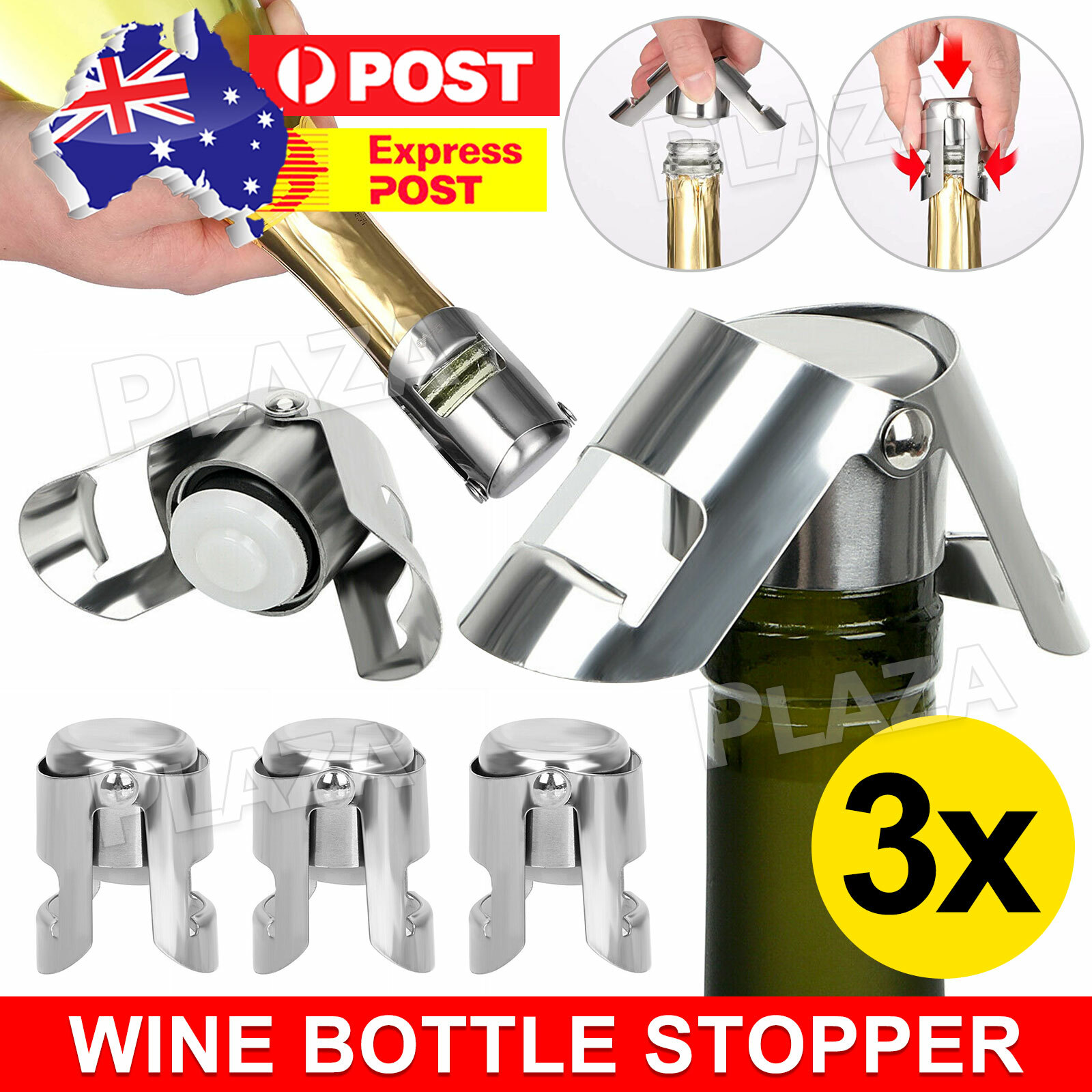 3pcs Stainless Steel Champagne Stopper Sparkling Wine Bottle Plug Silver 5.5