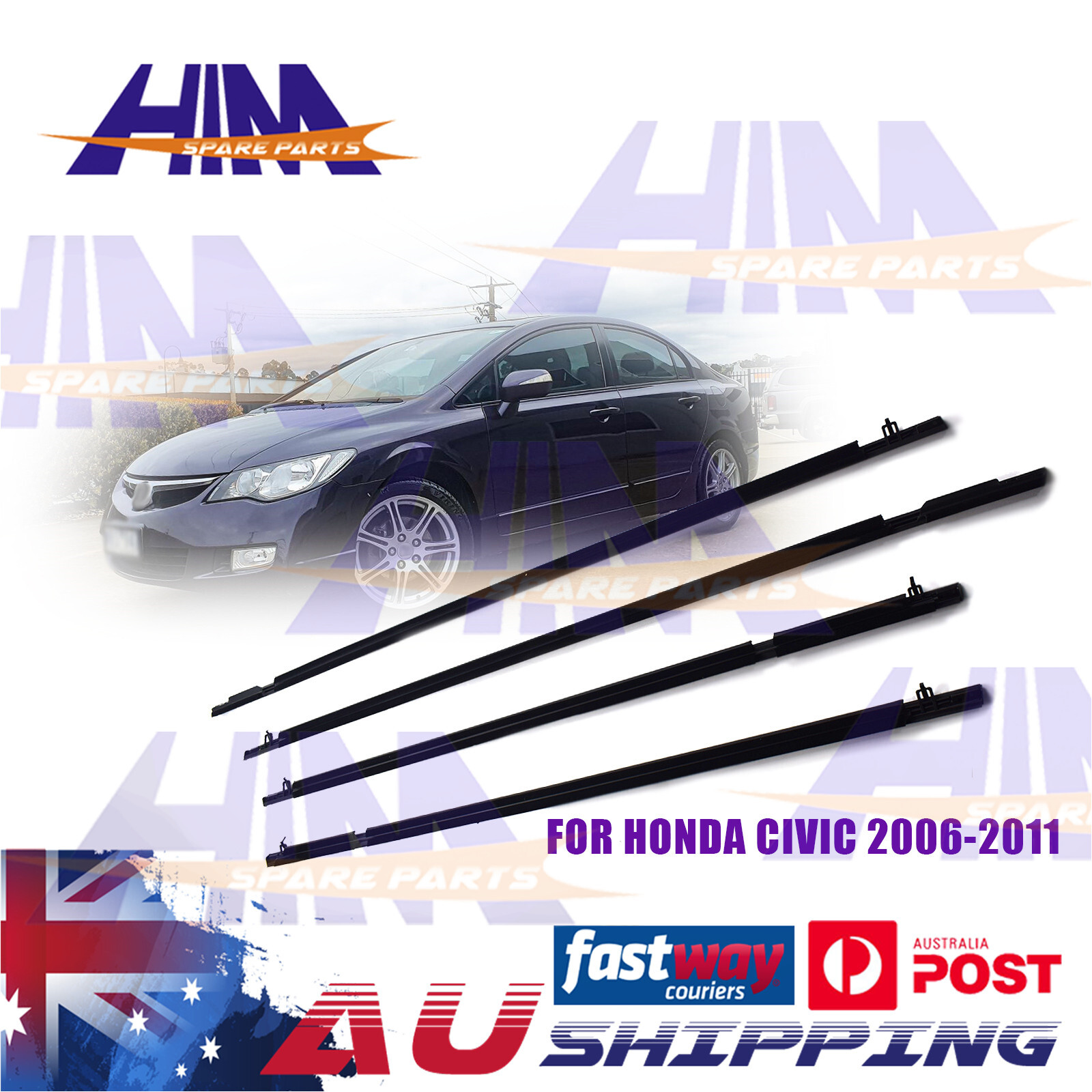 HKI 4Pcs Window Moulding Trim Seal Belt Honda Civic 2006-2011 Black ABS Rubber