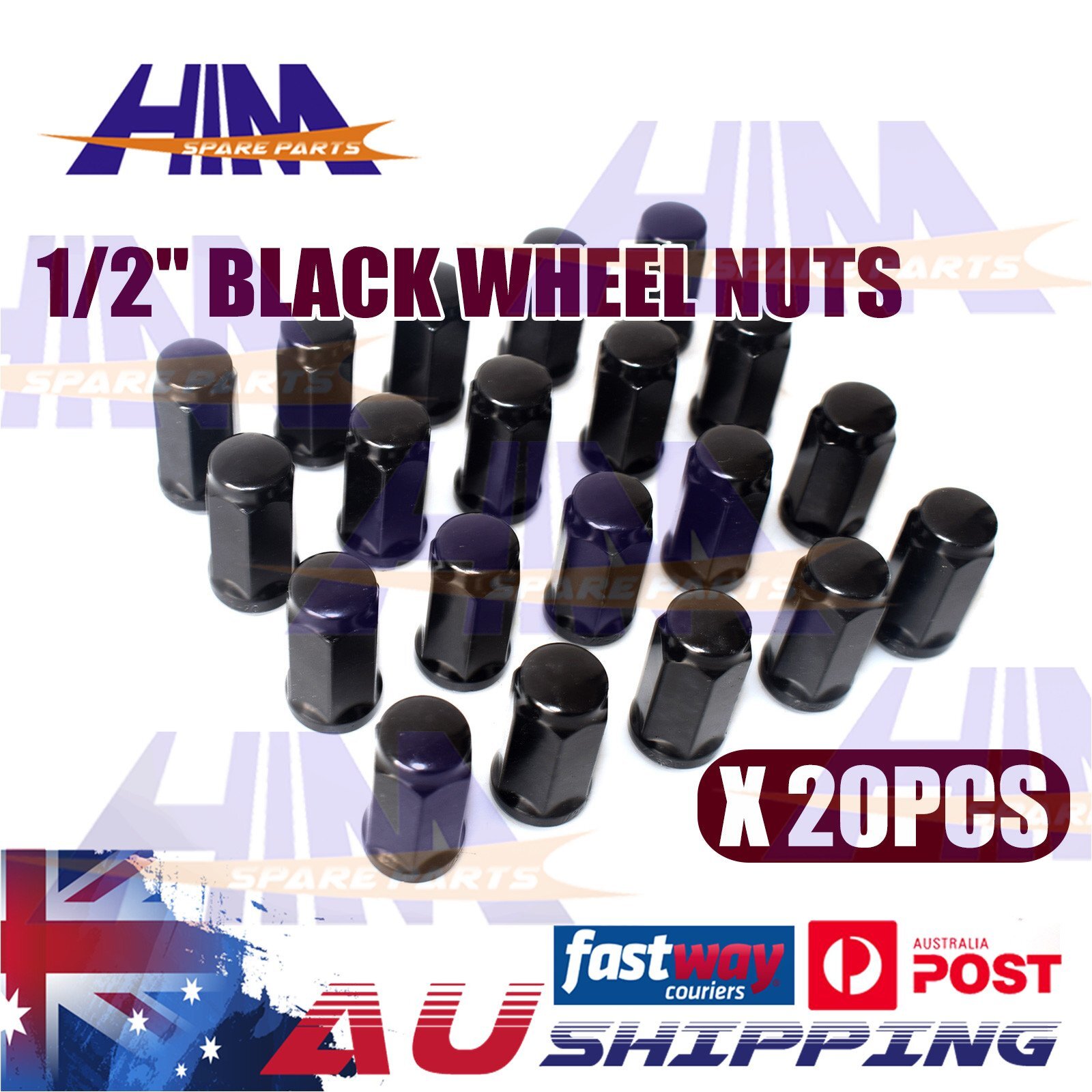 20 HKI Black Lug Nuts 1/2-20 UNF 45mm Steel Ford Falcon XA XD XE FG BF AU EL EA