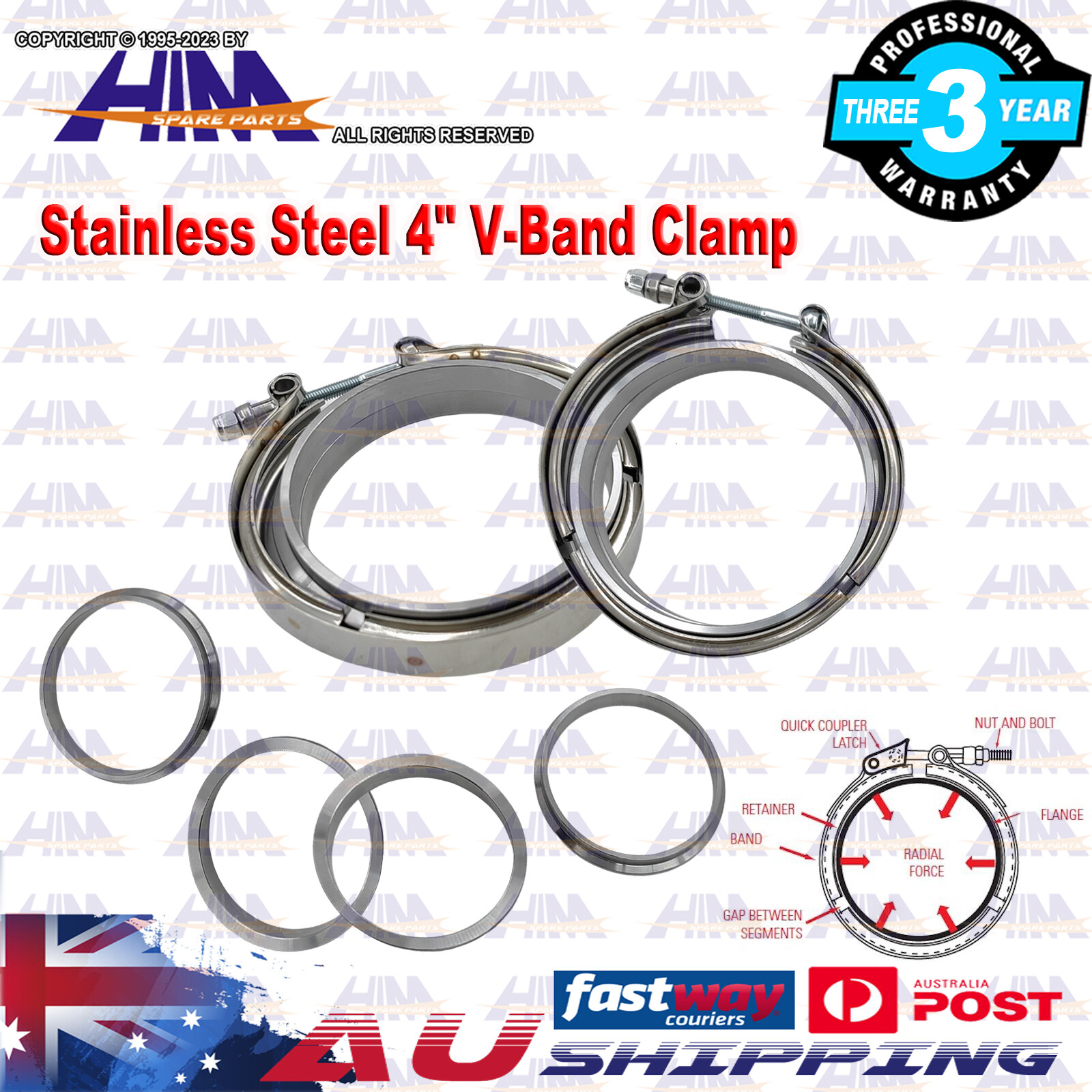 HIM 2pcs 4 Inch V-Band Clamp 304 Stainless Steel Flanges Exhaust Turbo Charger