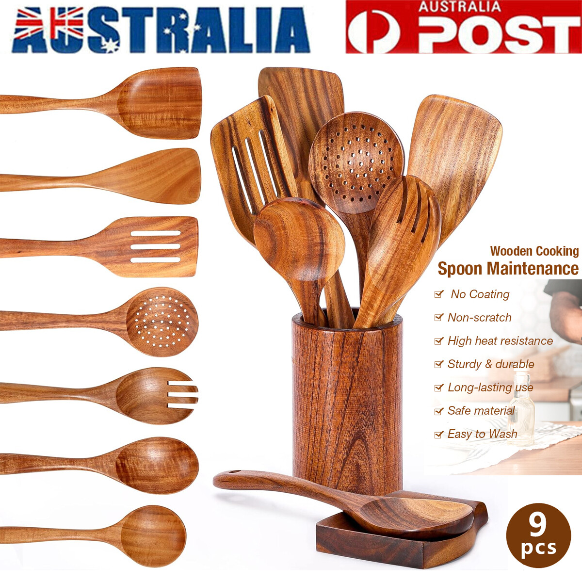Natural Teak Wooden Kitchen Utensil Set 9pcs Cooking Spoon Rest Holder Brown