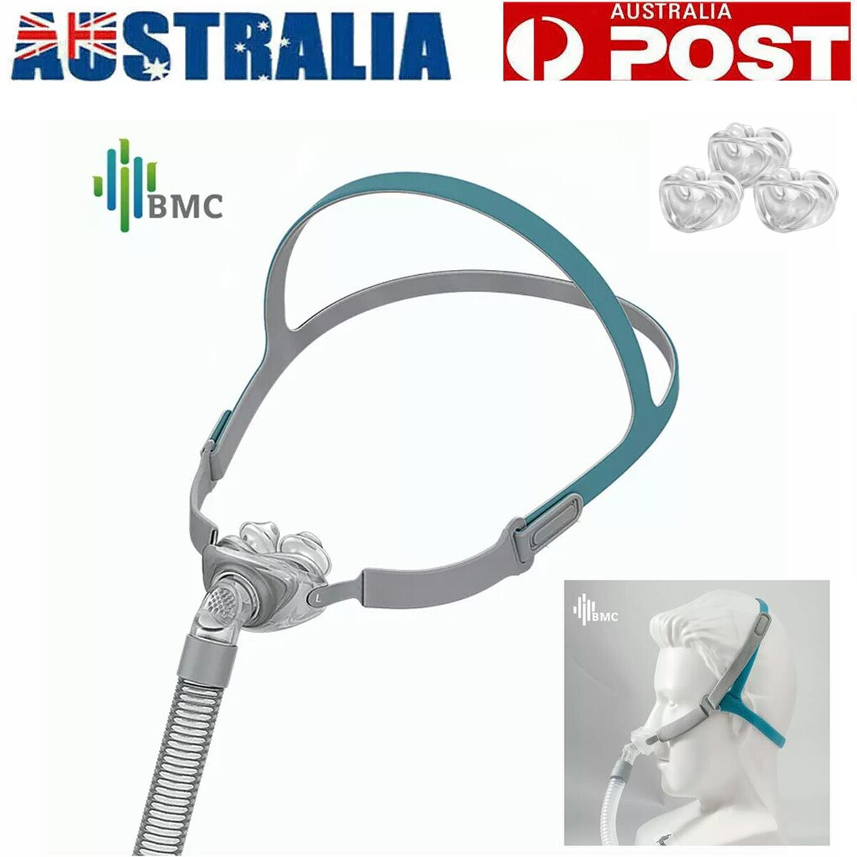 BMC P2 Nasal Pillow Mask CPAP 3 Sizes Cushions Hose Sleep Apnea White Plastic
