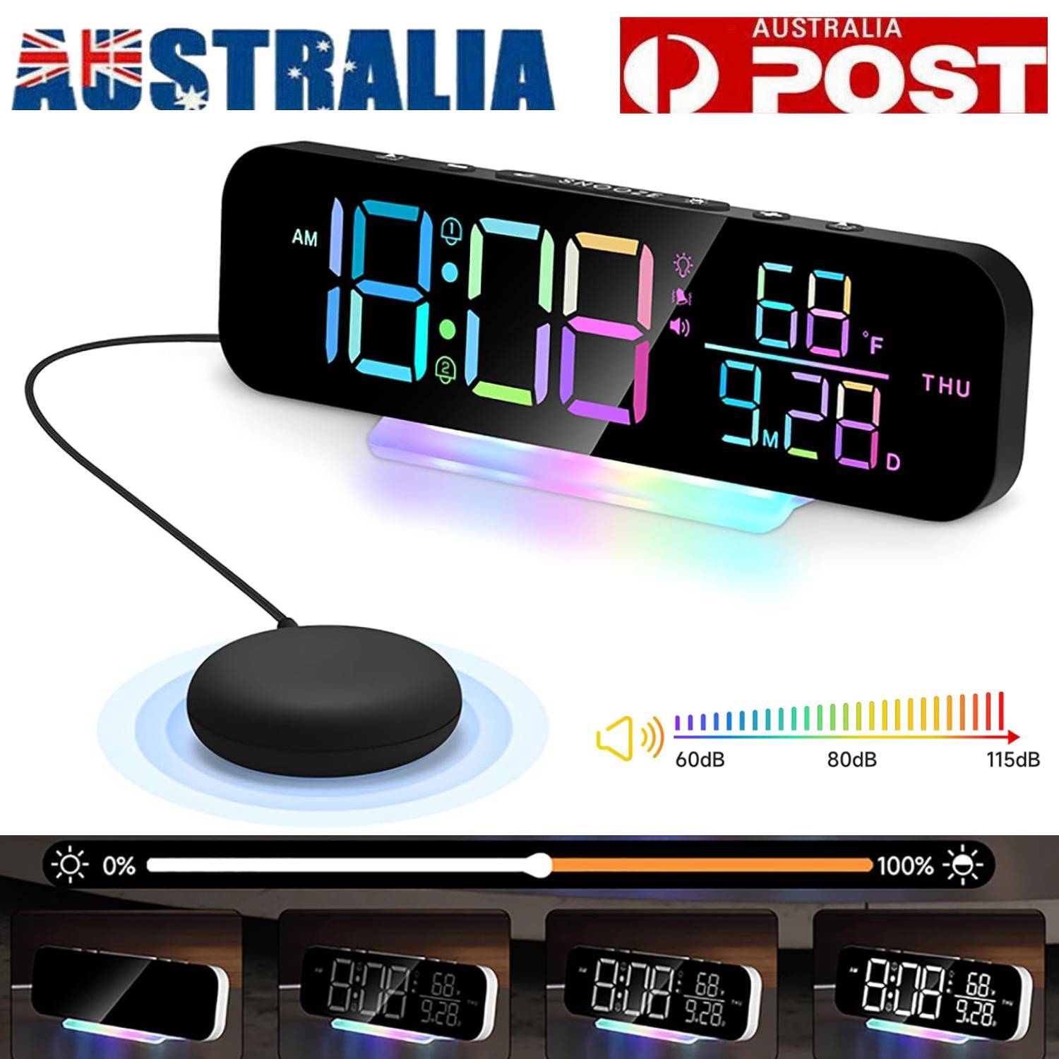 Super Loud Vibrating Alarm Clock Bed Shaker Heavy Sleeper USB 9.6inch Black RGB