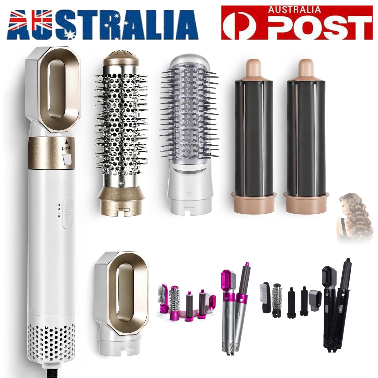 5in1 Hair Dryer Brush Negative Ion Air Styler Curling Wrap Set 1000W Rose Red