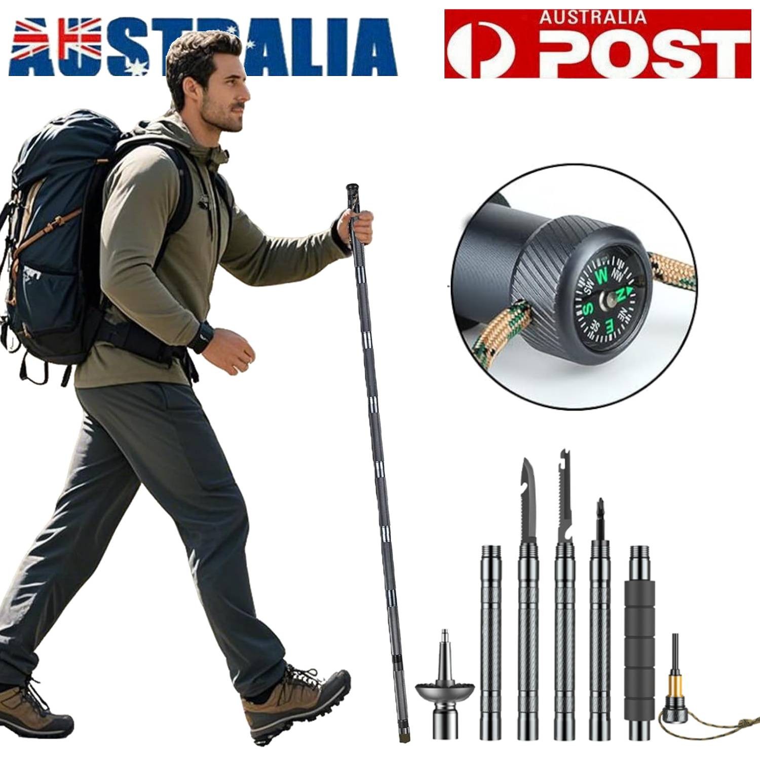 Multifunctional Collapsible Survival Hiking Trekking Pole 106cm Aluminium Gray