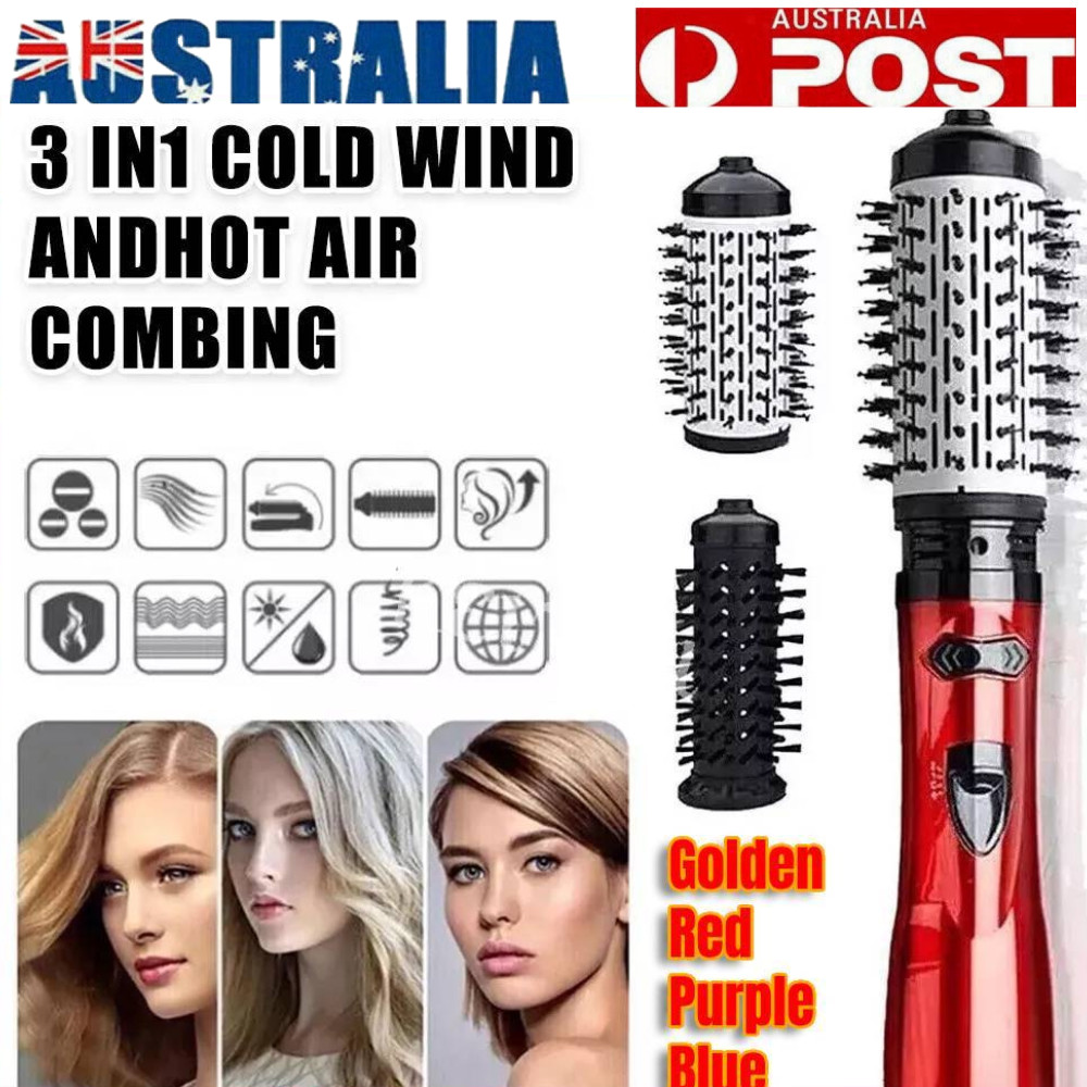 3 in1 Hot Air Styler Rotating Hair Dryer Straightener Curler Brush Set Golden