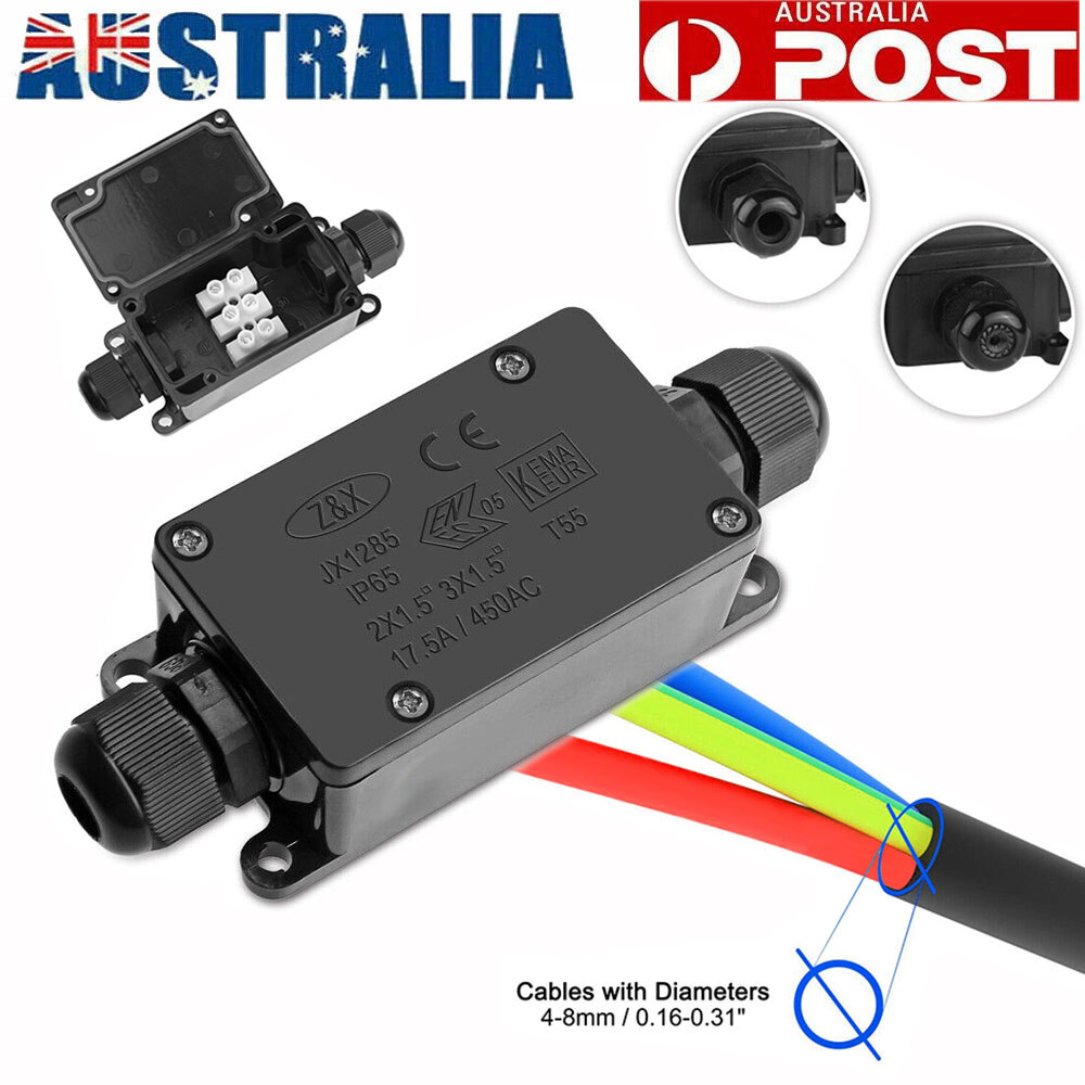 Outdoor Waterproof IP65 Junction Box 2 Way Plastic Enclosure PG9 Black 17.5A AC