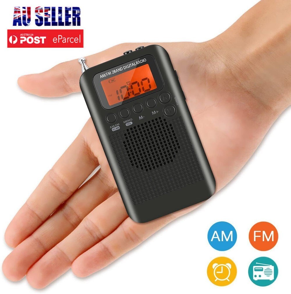 HRD-104 Portable AM FM Digital LCD Radio Receiver 3.5mm Headphone Jack Black
