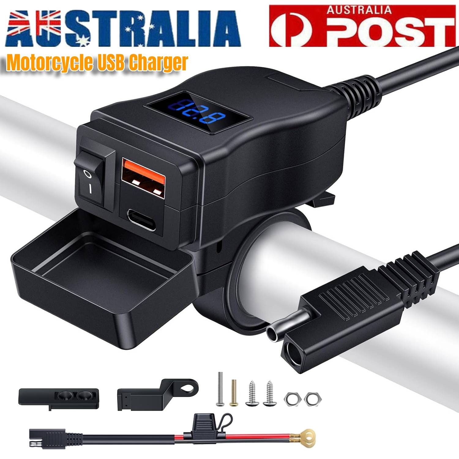Motorcycle Dual USB Fast Charger PD QC3.0 Port Socket Voltmeter 12-24V Handlebar