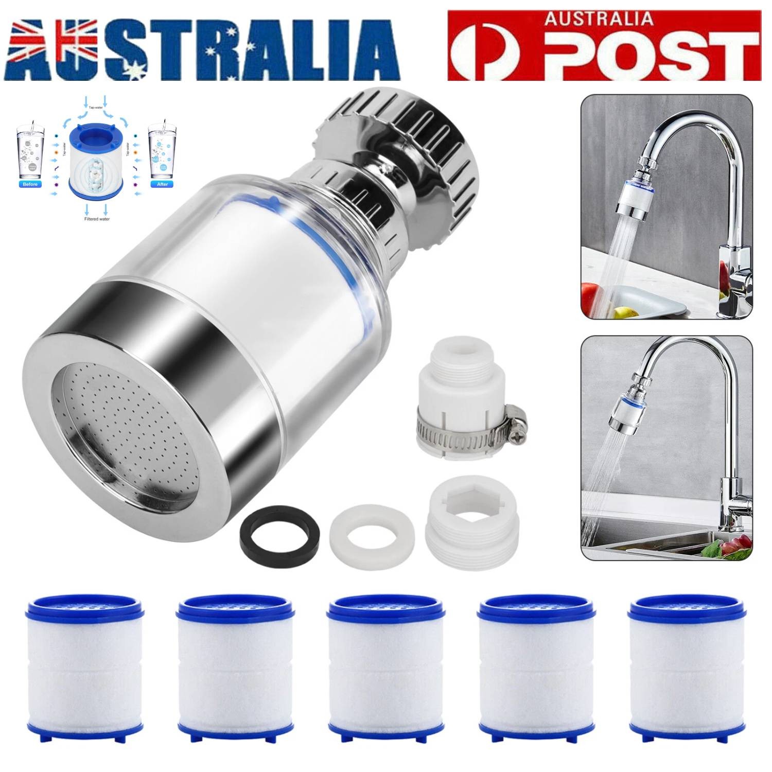 Faucet Water Filter Tap Purifier Kitchen Sink ABS Silver 360 Rotated Anti-Splash