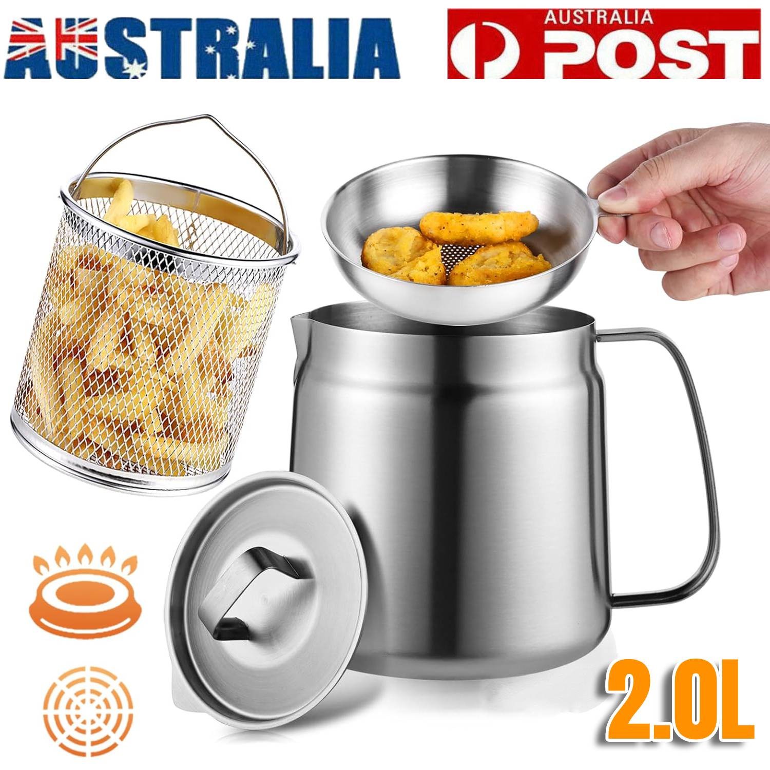 Stainless Steel Oil Filter Pot 2L Deep Fryer with Basket Strainer Silver 68OZ
